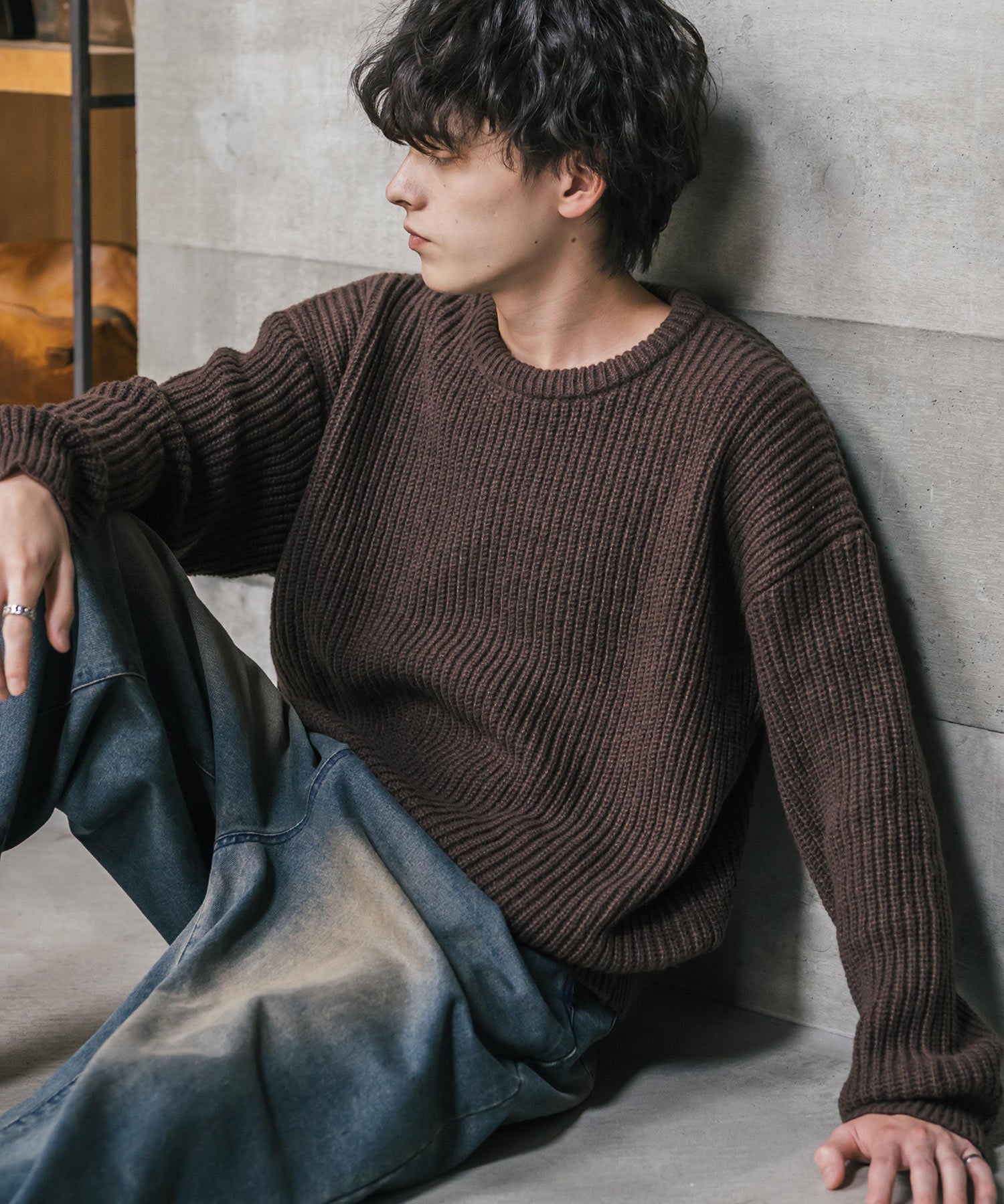 ロッキーモンロー Rocky Monroe ニット セーター 無地 長袖 メンズ レディース 畦編み ミドルゲージ オーバーサイズ 柔らかい  クルーネック 暖かい ウォッシャブル 14552 （ブラウン） ブラウン