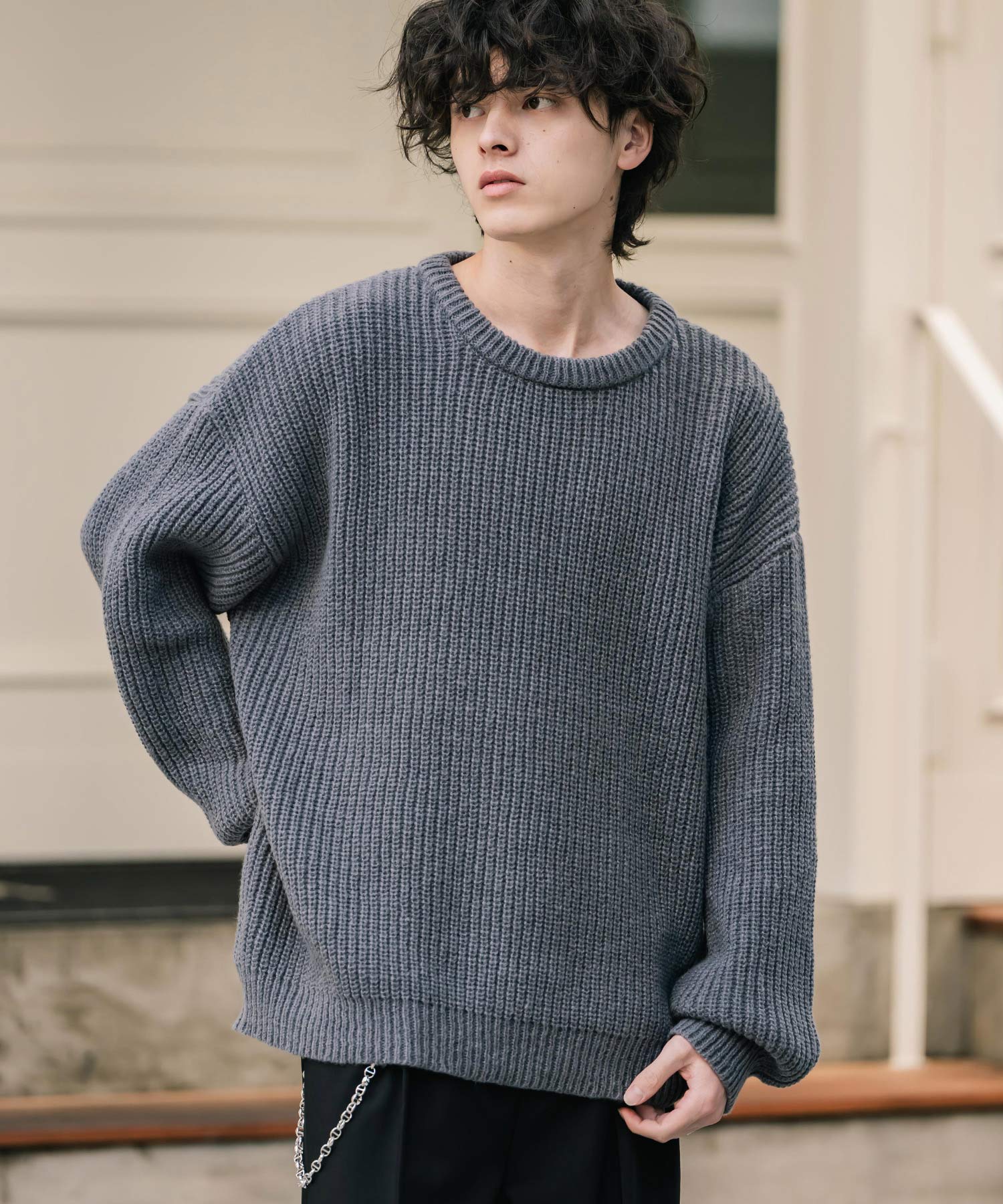 ロッキーモンロー Rocky Monroe ニット セーター 無地 長袖 メンズ レディース 畦編み ミドルゲージ オーバーサイズ 柔らかい  クルーネック 暖かい ウォッシャブル 14552 （チャコール） チャコール