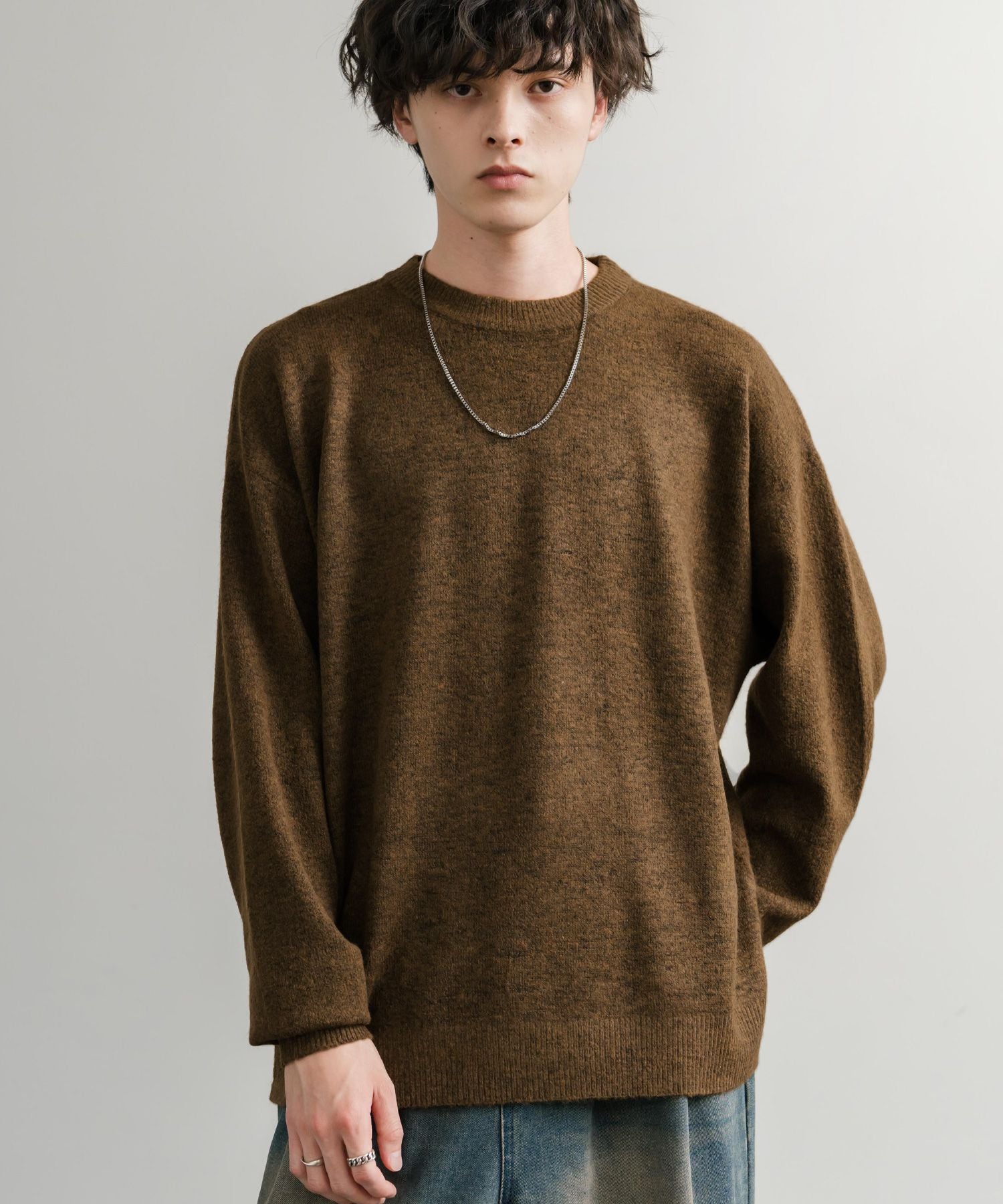 ロッキーモンロー Rocky Monroe ニット セーター 無地 メンズ レディース 長袖 天竺編み ウール混 メランジ オーバーサイズ リラックス クルーネック プルオーバー 暖かい 14714 （マスタード） マスタード