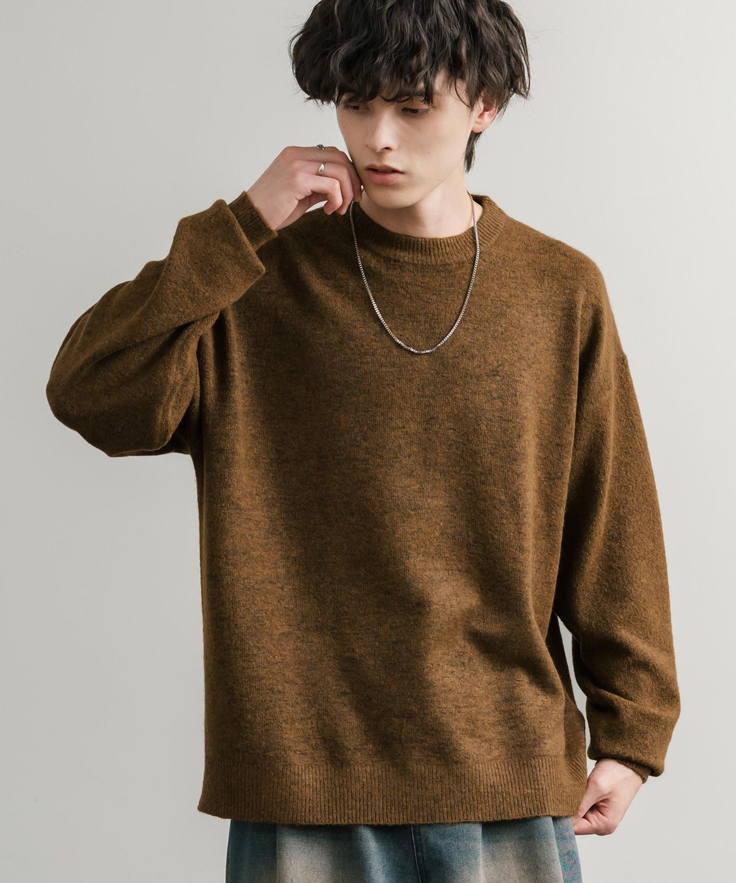 ロッキーモンロー Rocky Monroe ニット セーター 無地 メンズ レディース 長袖 天竺編み ウール混 メランジ オーバーサイズ リラックス クルーネック プルオーバー 暖かい 14714 （マスタード） マスタード