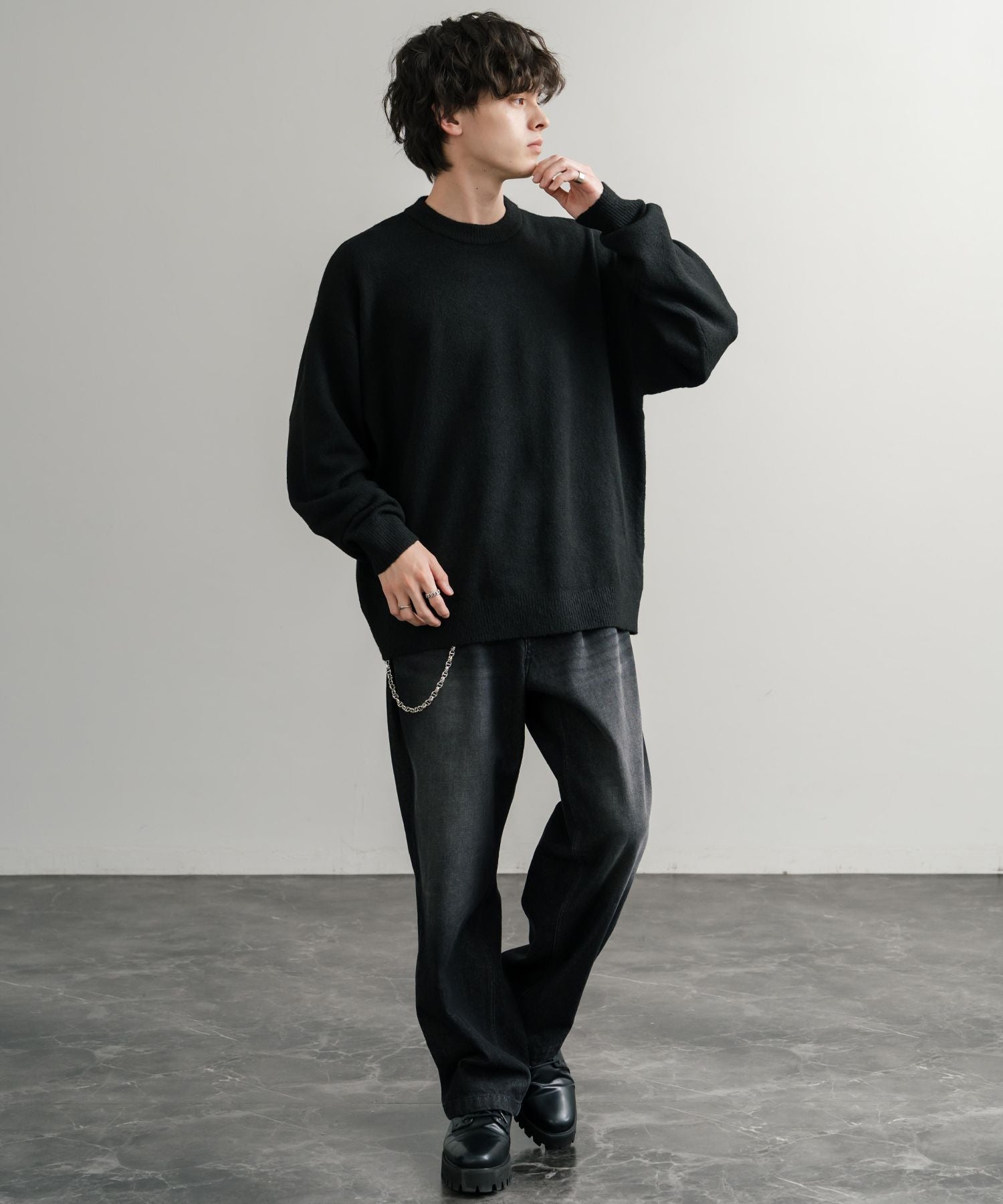 ロッキーモンロー Rocky Monroe ニット セーター 無地 メンズ レディース 長袖 天竺編み ウール混 メランジ オーバーサイズ リラックス クルーネック プルオーバー 暖かい 14714 （マスタード） マスタード