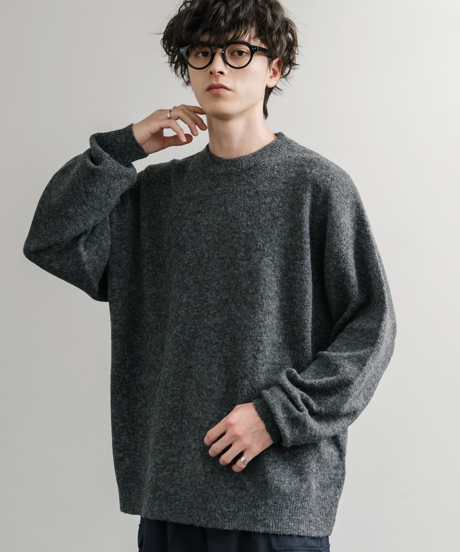ロッキーモンロー Rocky Monroe ニット セーター 無地 メンズ レディース 長袖 天竺編み ウール混 メランジ オーバーサイズ リラックス クルーネック プルオーバー 暖かい 14714 （マスタード） マスタード