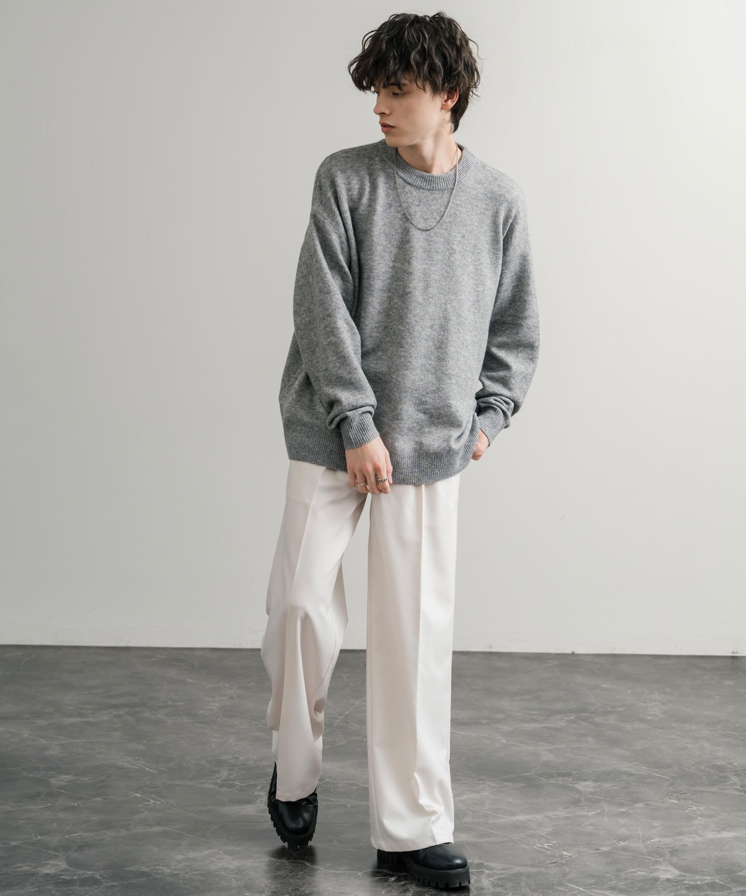 ロッキーモンロー Rocky Monroe ニット セーター 無地 メンズ レディース 長袖 天竺編み ウール混 メランジ オーバーサイズ リラックス クルーネック プルオーバー 暖かい 14714 （マスタード） マスタード