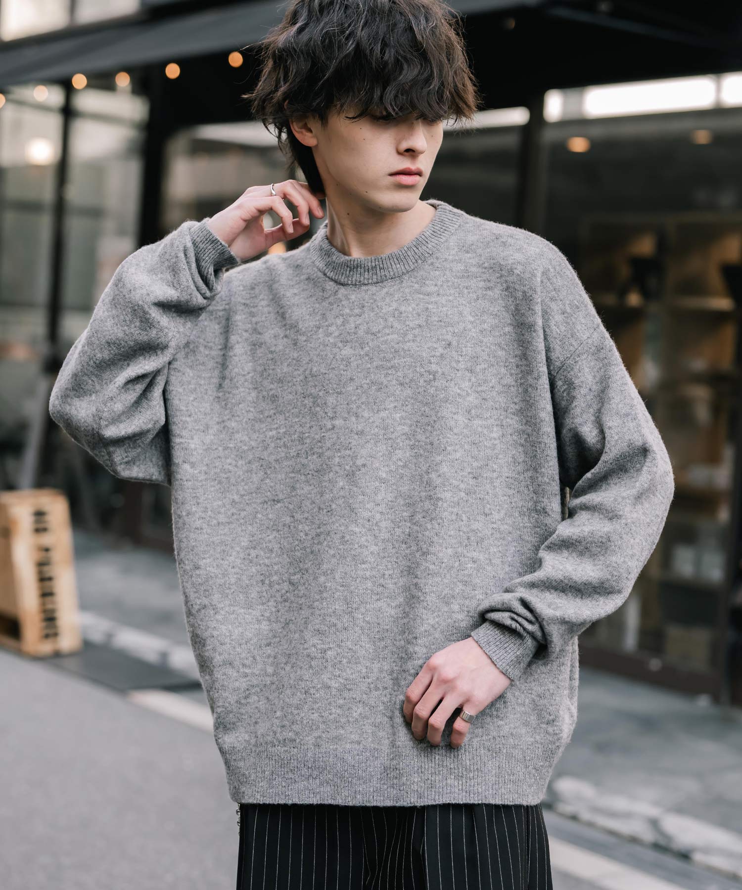 ロッキーモンロー Rocky Monroe ニット セーター 無地 メンズ レディース 長袖 天竺編み ウール混 メランジ オーバーサイズ リラックス クルーネック プルオーバー 暖かい 14714 （グレー） グレー