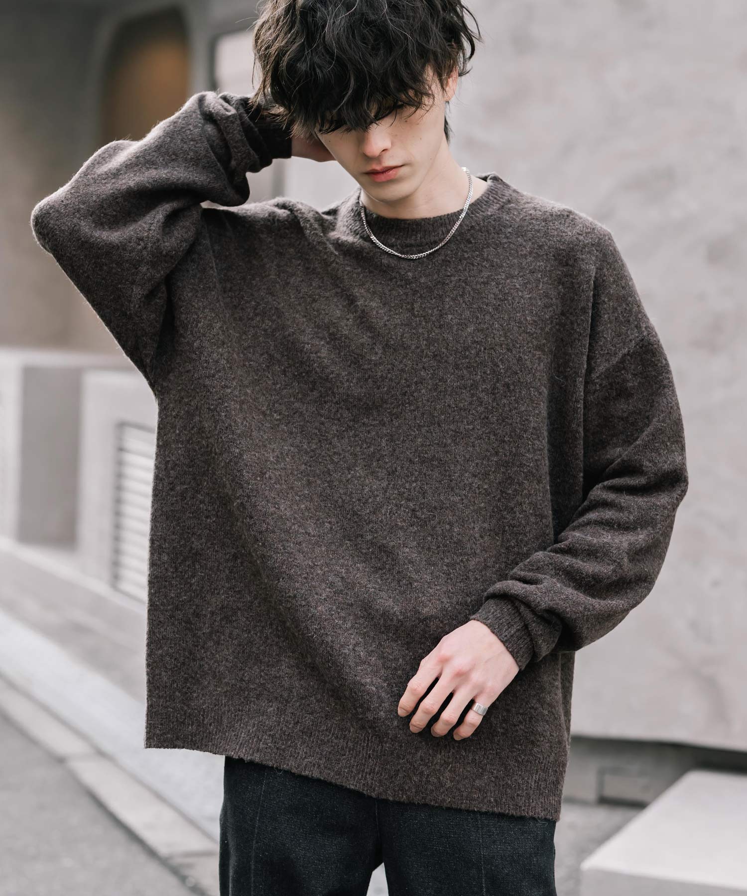 ロッキーモンロー Rocky Monroe ニット セーター 無地 メンズ レディース 長袖 天竺編み ウール混 メランジ オーバーサイズ リラックス クルーネック プルオーバー 暖かい 14714 （ブラウン） ブラウン