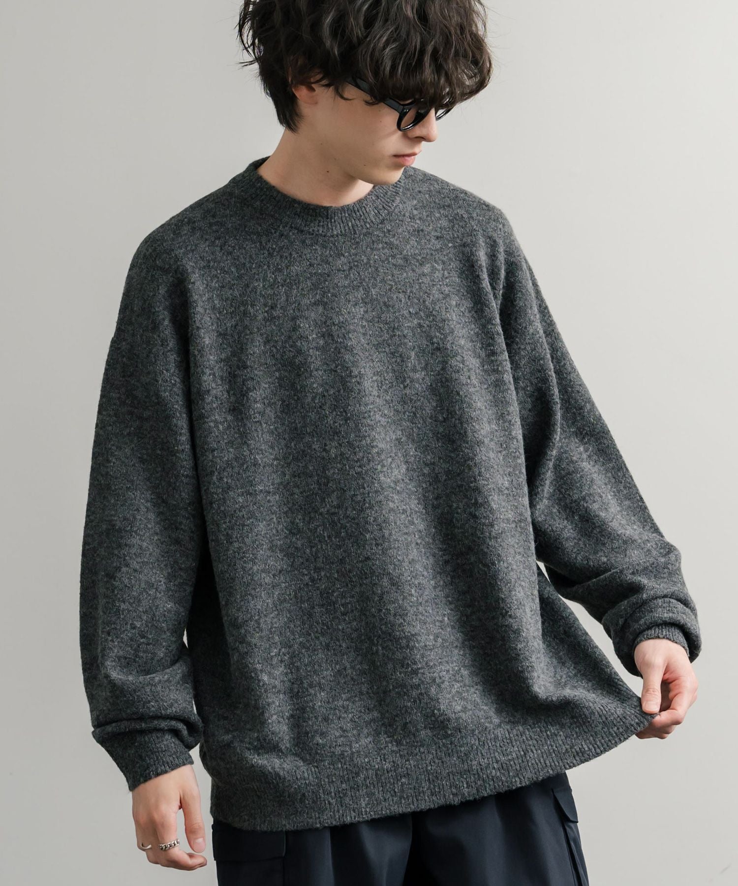ロッキーモンロー Rocky Monroe ニット セーター 無地 メンズ レディース 長袖 天竺編み ウール混 メランジ オーバーサイズ リラックス クルーネック プルオーバー 暖かい 14714 （チャコール） チャコール