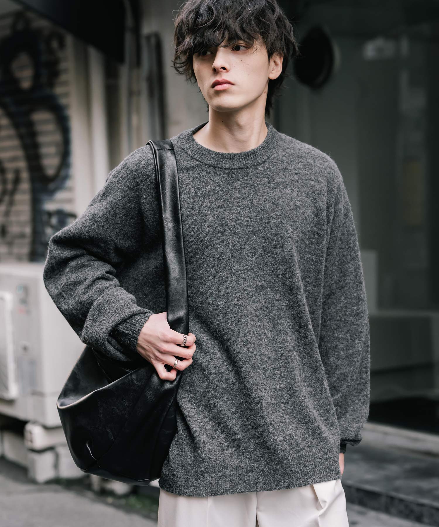 ロッキーモンロー Rocky Monroe ニット セーター 無地 メンズ レディース 長袖 天竺編み ウール混 メランジ オーバーサイズ リラックス クルーネック プルオーバー 暖かい 14714 （チャコール） チャコール