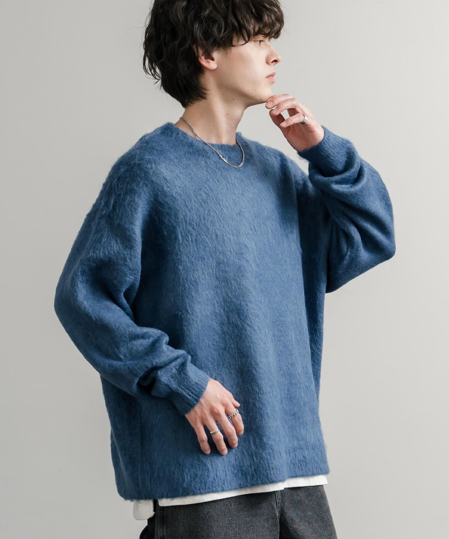 ロッキーモンロー Rocky Monroe シャギーニット セーター 無地 メンズ レディース モヘアタッチ オーバーサイズ ルーズ リラックス ゆったり クルーネック シンプル 暖かい 秋冬 14549 （ブルー） ブルー