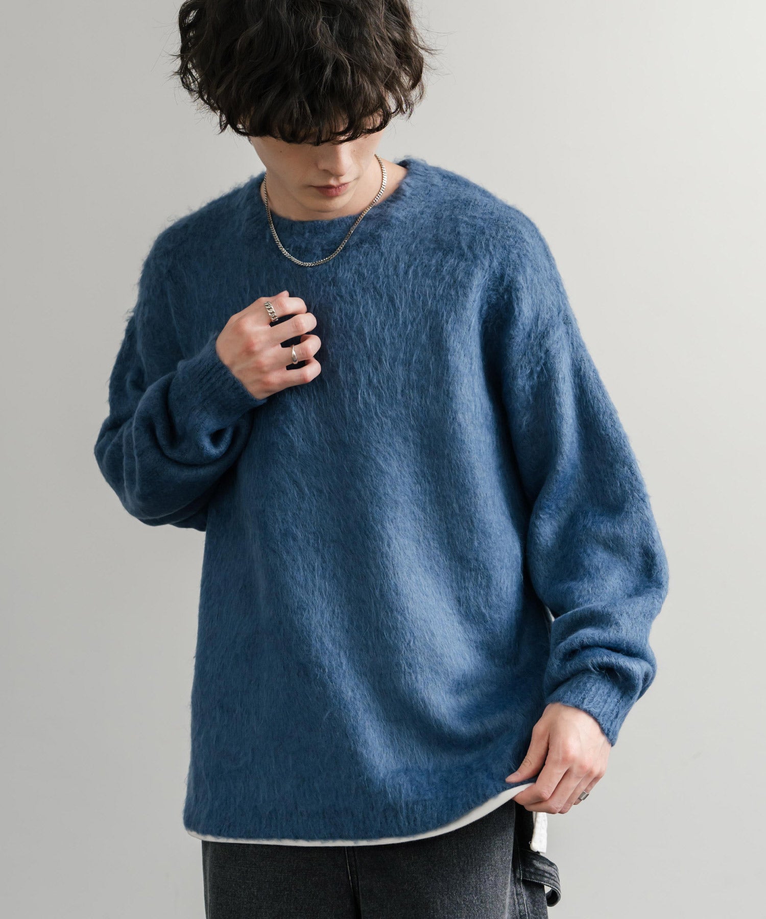 ロッキーモンロー Rocky Monroe シャギーニット セーター 無地 メンズ レディース モヘアタッチ オーバーサイズ ルーズ リラックス ゆったり クルーネック シンプル 暖かい 秋冬 14549 （ブルー） ブルー