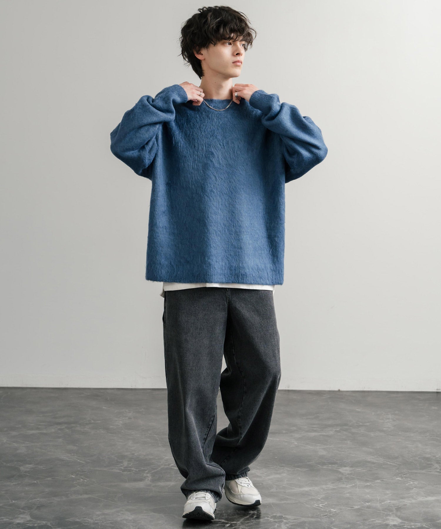 ロッキーモンロー Rocky Monroe シャギーニット セーター 無地 メンズ レディース モヘアタッチ オーバーサイズ ルーズ リラックス ゆったり クルーネック シンプル 暖かい 秋冬 14549 （ブルー） ブルー