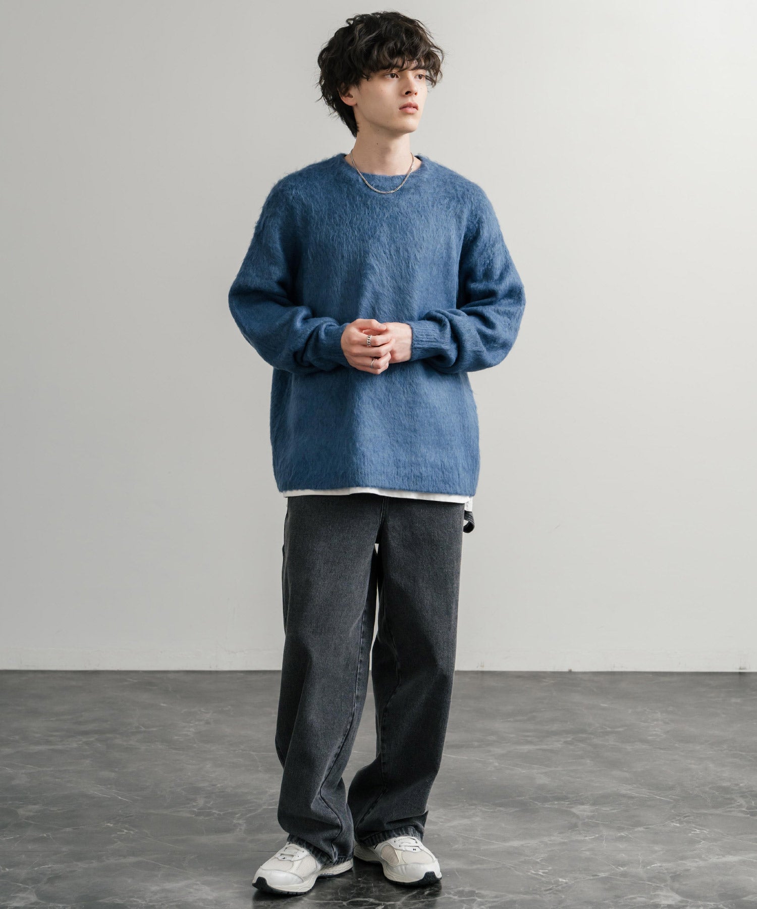 ロッキーモンロー Rocky Monroe シャギーニット セーター 無地 メンズ レディース モヘアタッチ オーバーサイズ ルーズ リラックス ゆったり クルーネック シンプル 暖かい 秋冬 14549 （ブルー） ブルー