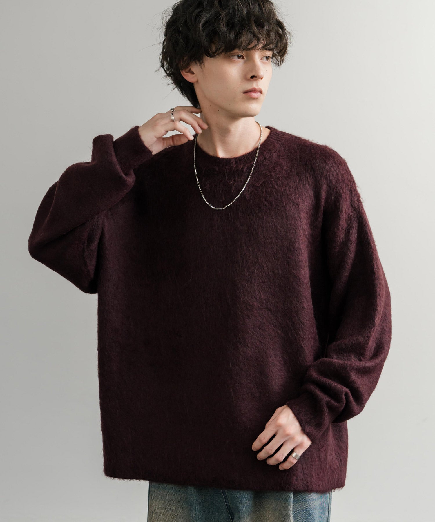 ロッキーモンロー Rocky Monroe シャギーニット セーター 無地 メンズ レディース モヘアタッチ オーバーサイズ ルーズ リラックス ゆったり クルーネック シンプル 暖かい 秋冬 14549 （ブルー） ブルー
