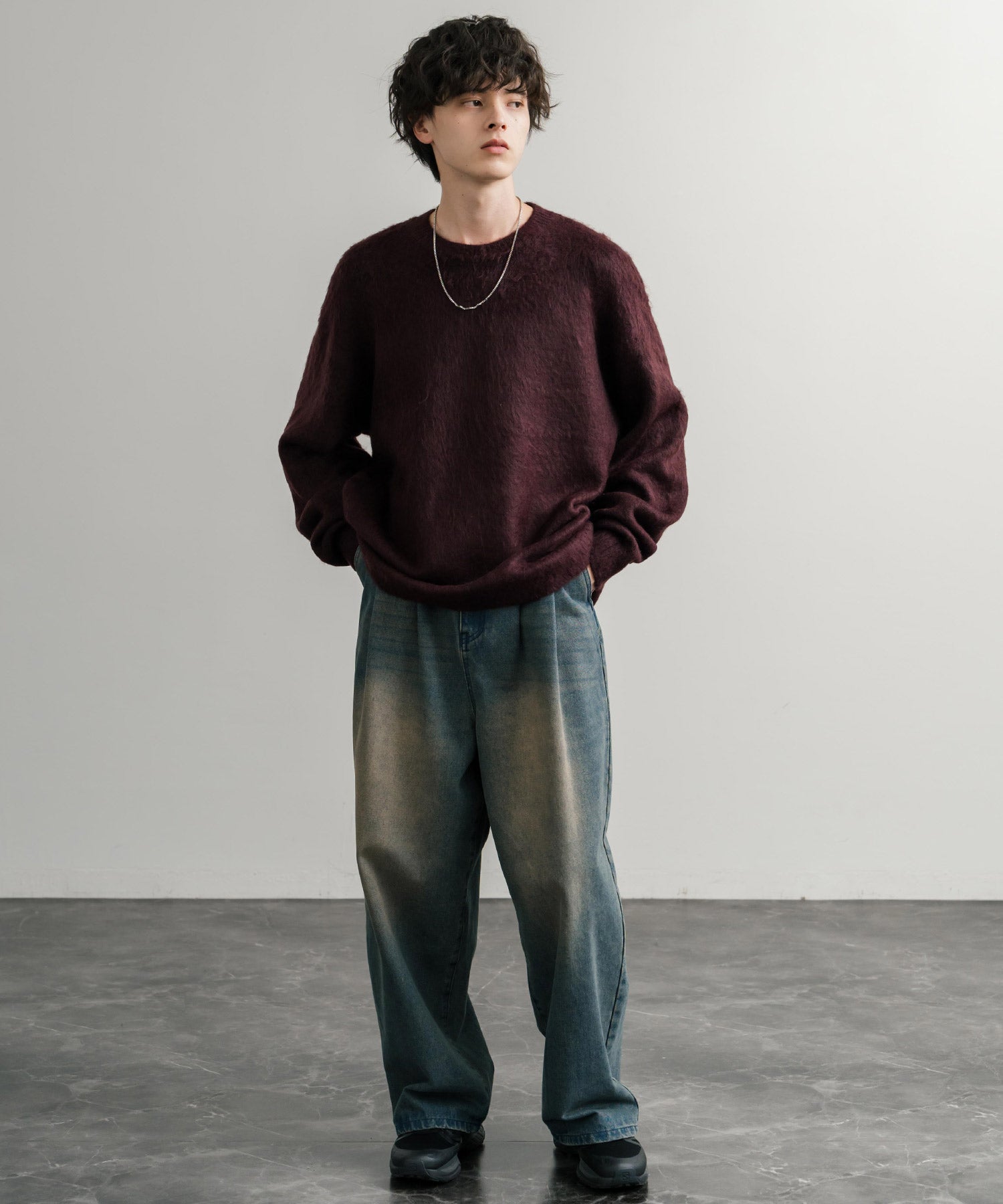 ロッキーモンロー Rocky Monroe シャギーニット セーター 無地 メンズ レディース モヘアタッチ オーバーサイズ ルーズ リラックス ゆったり クルーネック シンプル 暖かい 秋冬 14549 （ブルー） ブルー