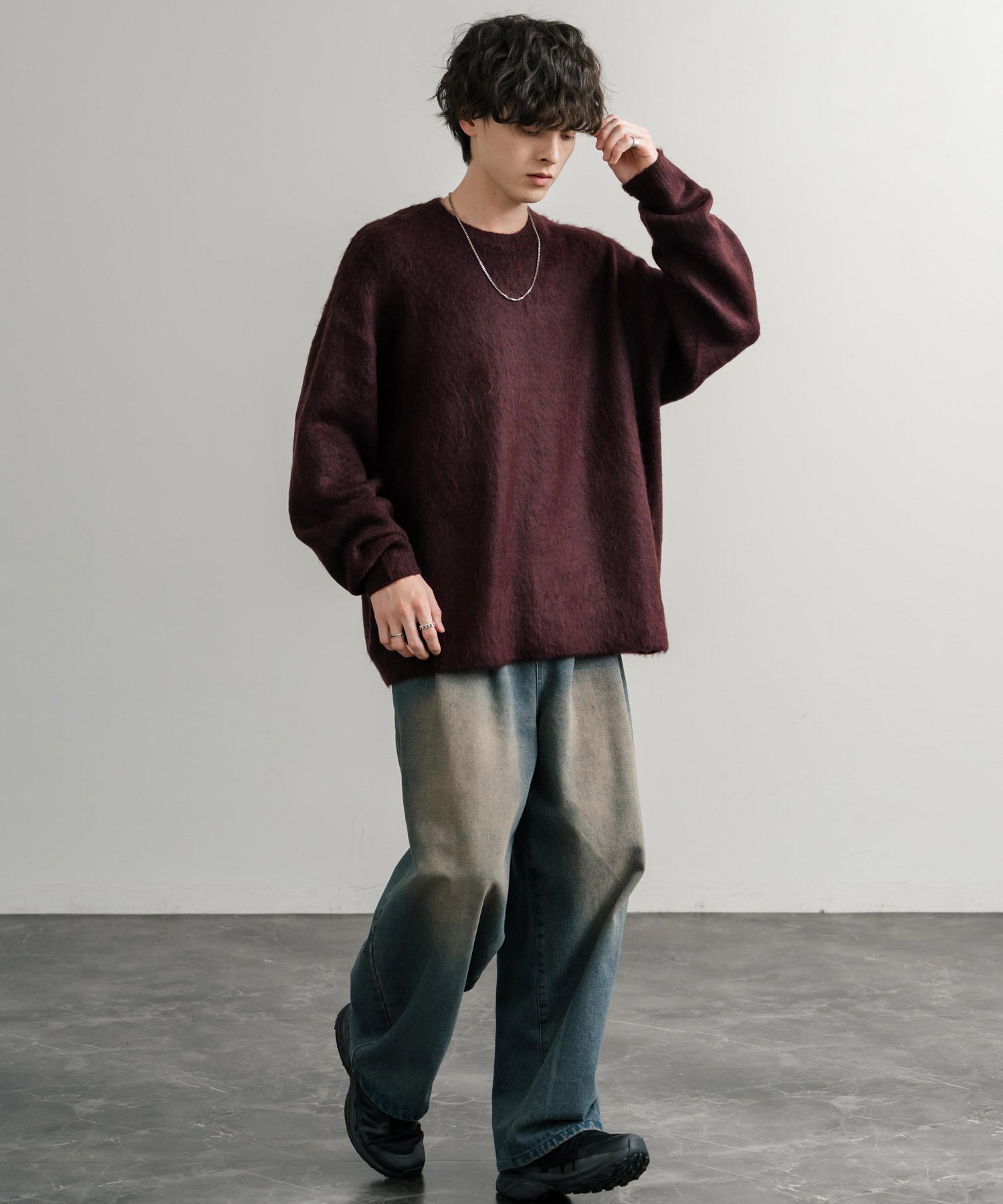 ロッキーモンロー Rocky Monroe シャギーニット セーター 無地 メンズ レディース モヘアタッチ オーバーサイズ ルーズ リラックス ゆったり クルーネック シンプル 暖かい 秋冬 14549 （ブルー） ブルー