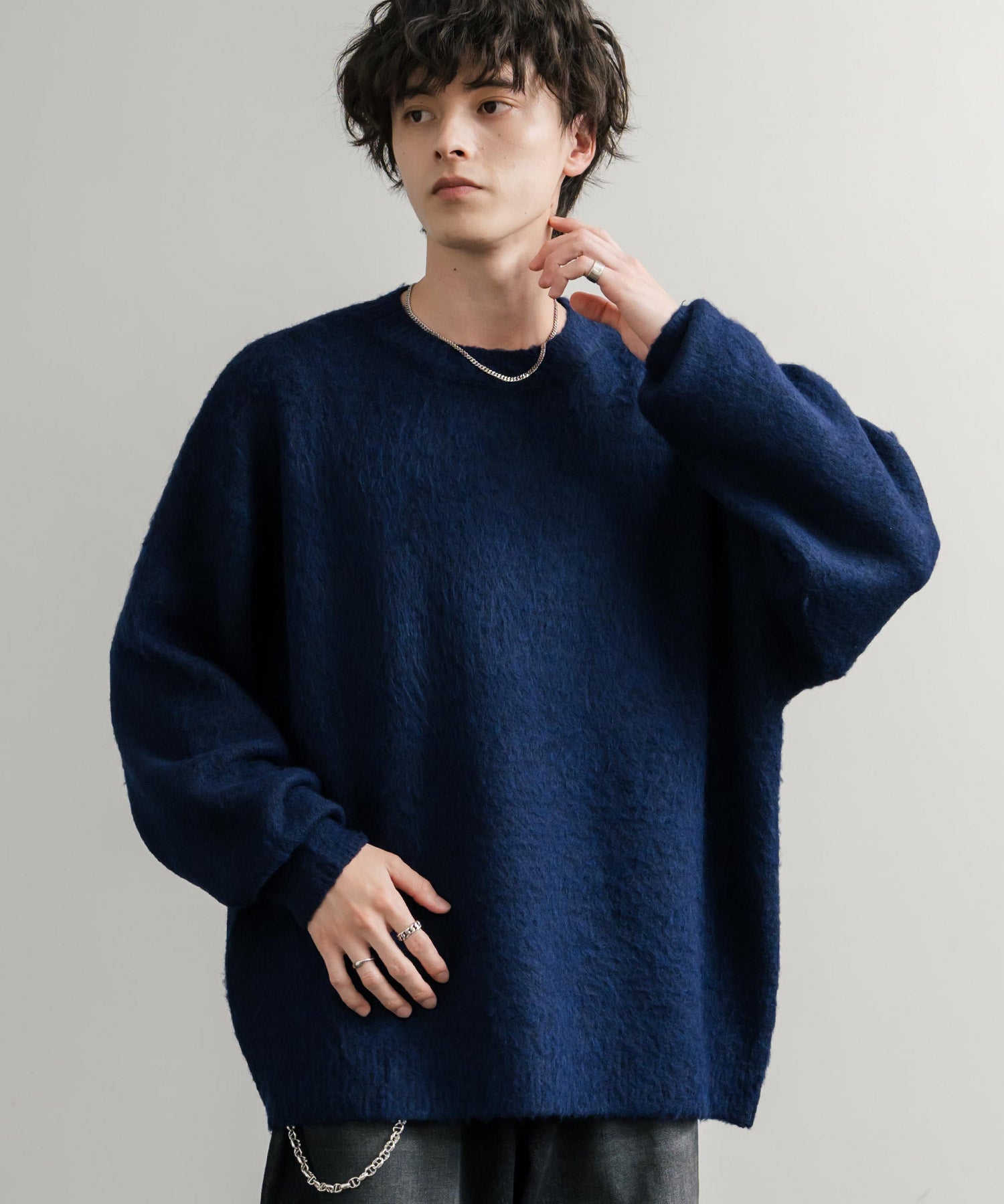 ロッキーモンロー Rocky Monroe シャギーニット セーター 無地 メンズ レディース モヘアタッチ オーバーサイズ ルーズ リラックス ゆったり クルーネック シンプル 暖かい 秋冬 14549 （ブルー） ブルー