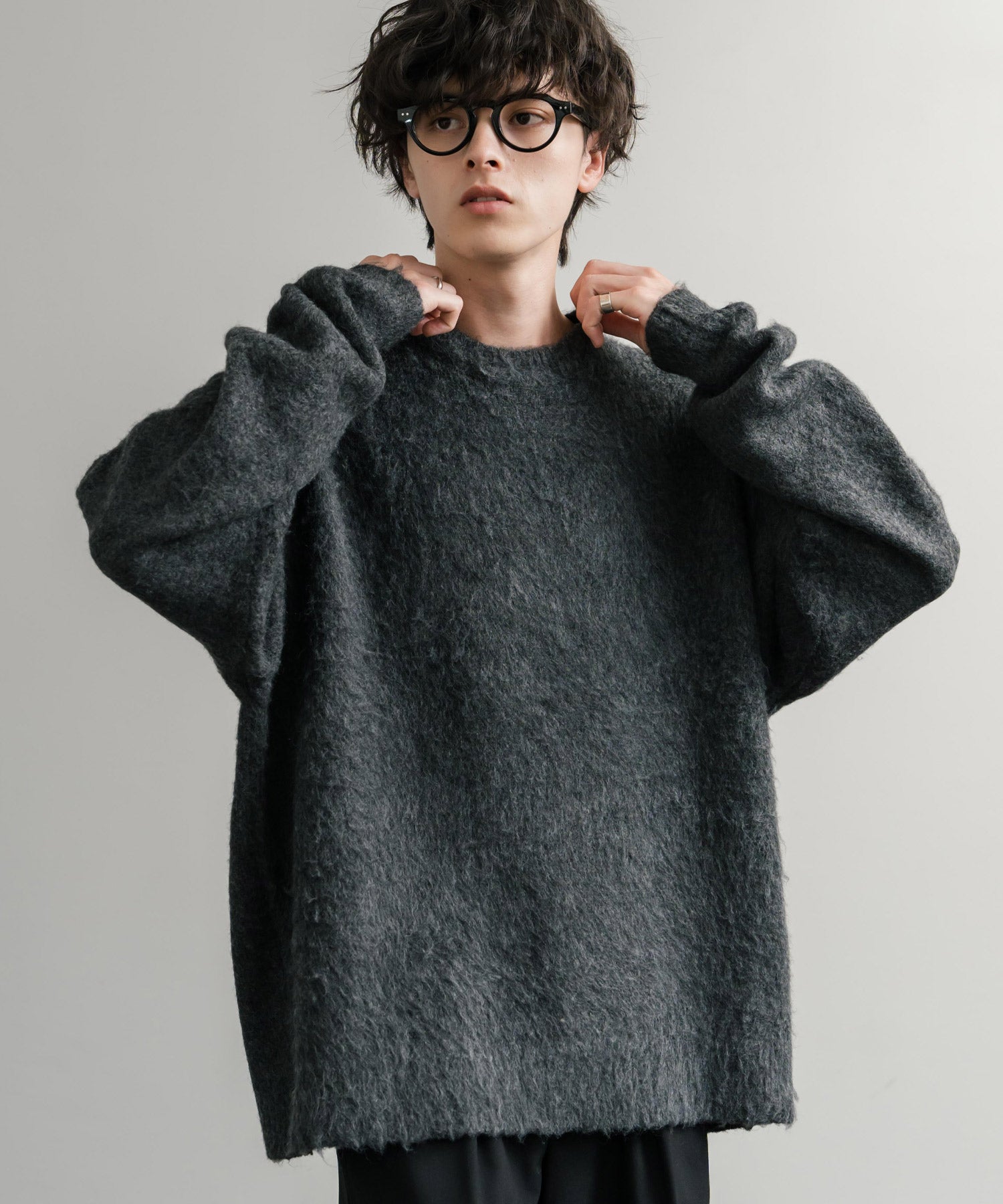 ロッキーモンロー Rocky Monroe シャギーニット セーター 無地 メンズ レディース モヘアタッチ オーバーサイズ ルーズ リラックス ゆったり クルーネック シンプル 暖かい 秋冬 14549 （チャコール） チャコール