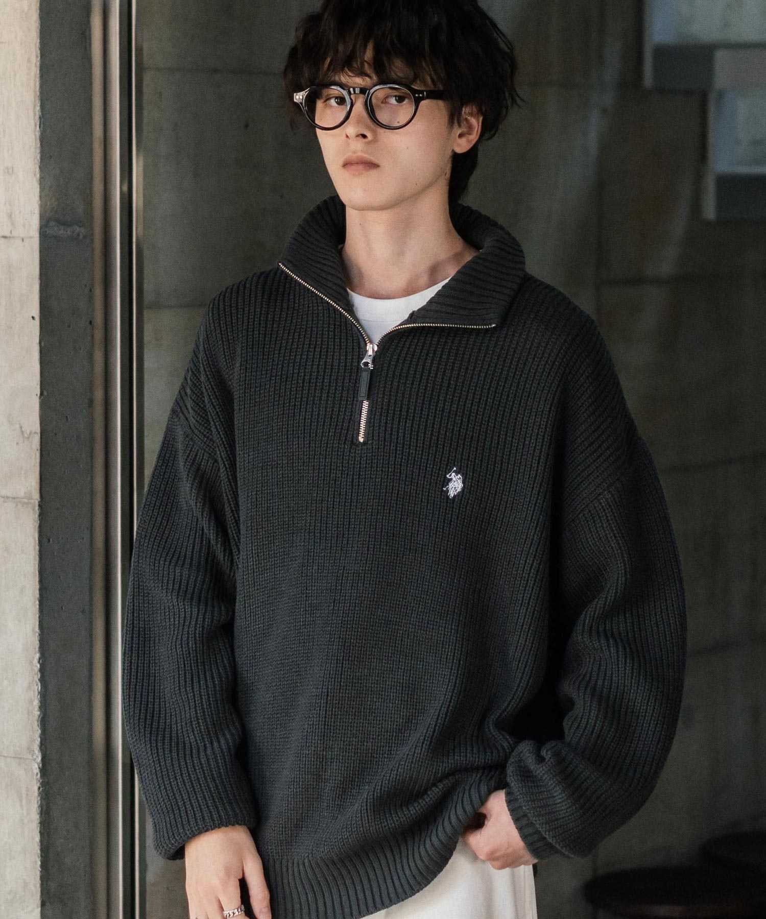 ロッキーモンロー Rocky Monroe U.S. POLO ASSN. ニット セーター 無地 メンズ レディース 長袖 畦編み オーバーサイズ ワンポイント ロゴ刺繍 ハーフジップ 別注 14769 （チャコール） チャコール