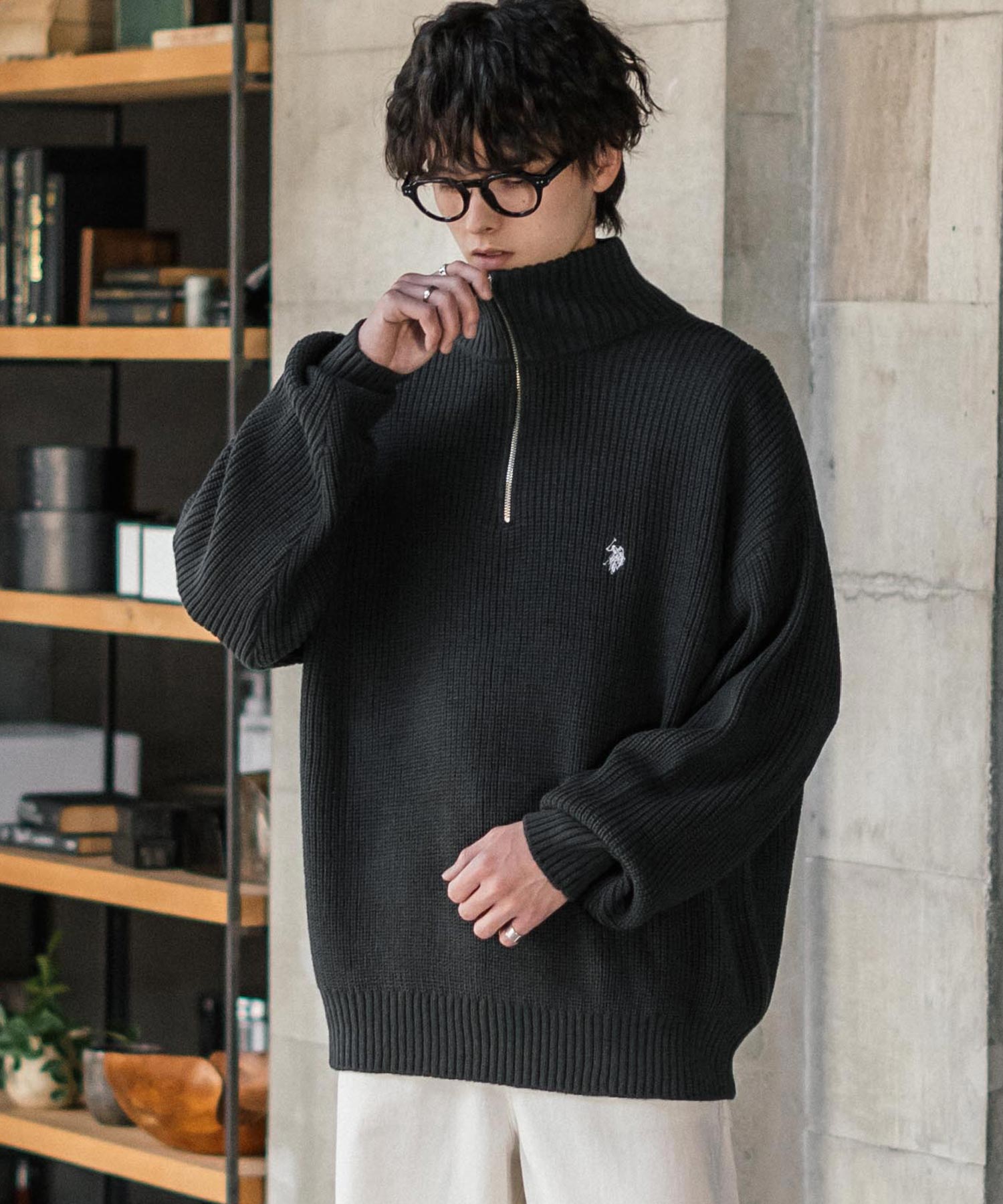 ロッキーモンロー Rocky Monroe U.S. POLO ASSN. ニット セーター 無地 メンズ レディース 長袖 畦編み オーバーサイズ ワンポイント ロゴ刺繍 ハーフジップ 別注 14769 （チャコール） チャコール