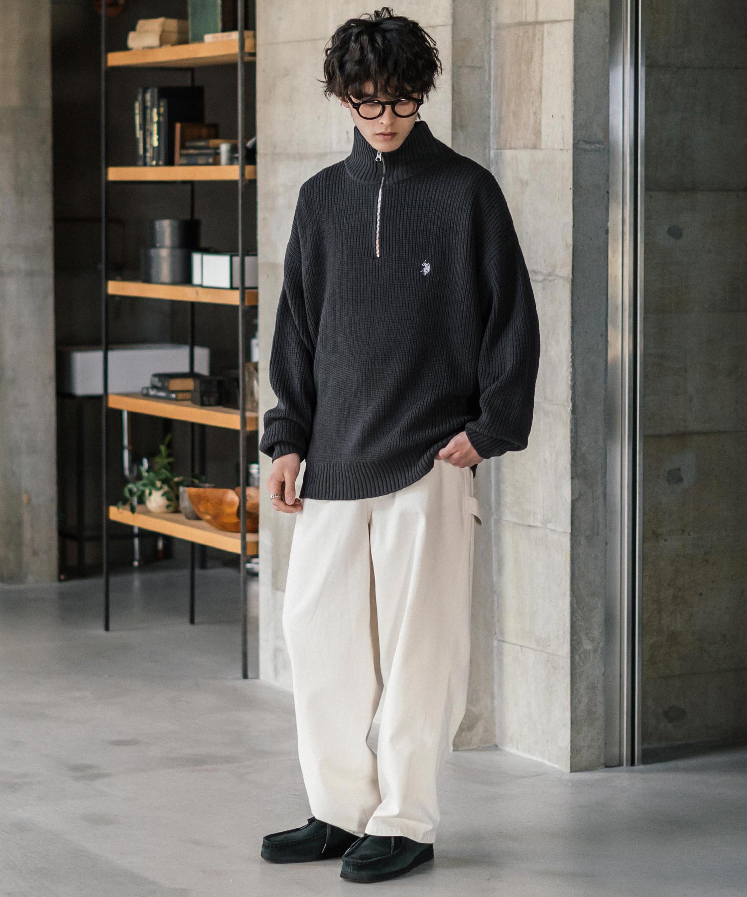 ロッキーモンロー Rocky Monroe U.S. POLO ASSN. ニット セーター 無地 メンズ レディース 長袖 畦編み オーバーサイズ ワンポイント ロゴ刺繍 ハーフジップ 別注 14769 （チャコール） チャコール