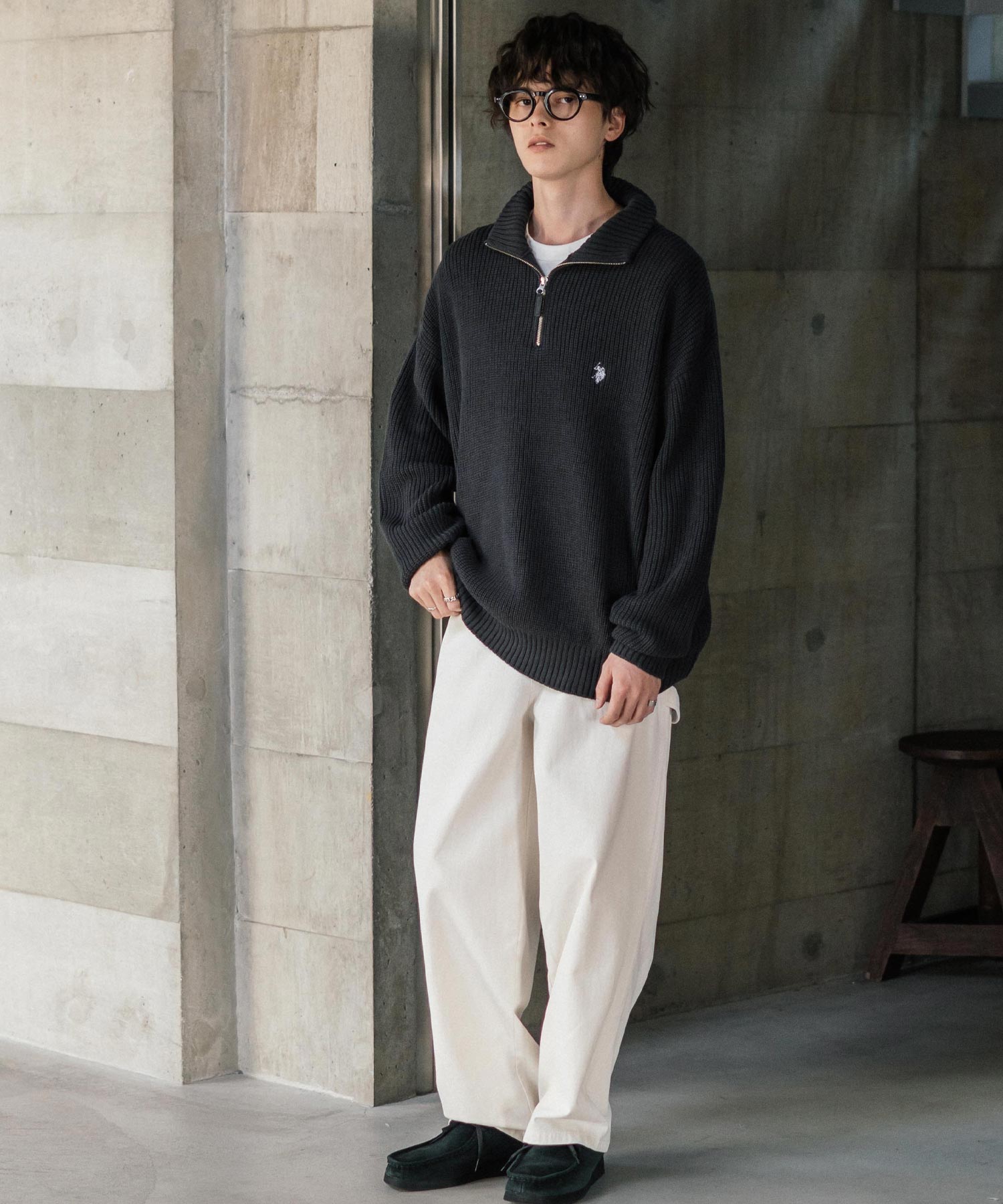 ロッキーモンロー Rocky Monroe U.S. POLO ASSN. ニット セーター 無地 メンズ レディース 長袖 畦編み オーバーサイズ ワンポイント ロゴ刺繍 ハーフジップ 別注 14769 （チャコール） チャコール