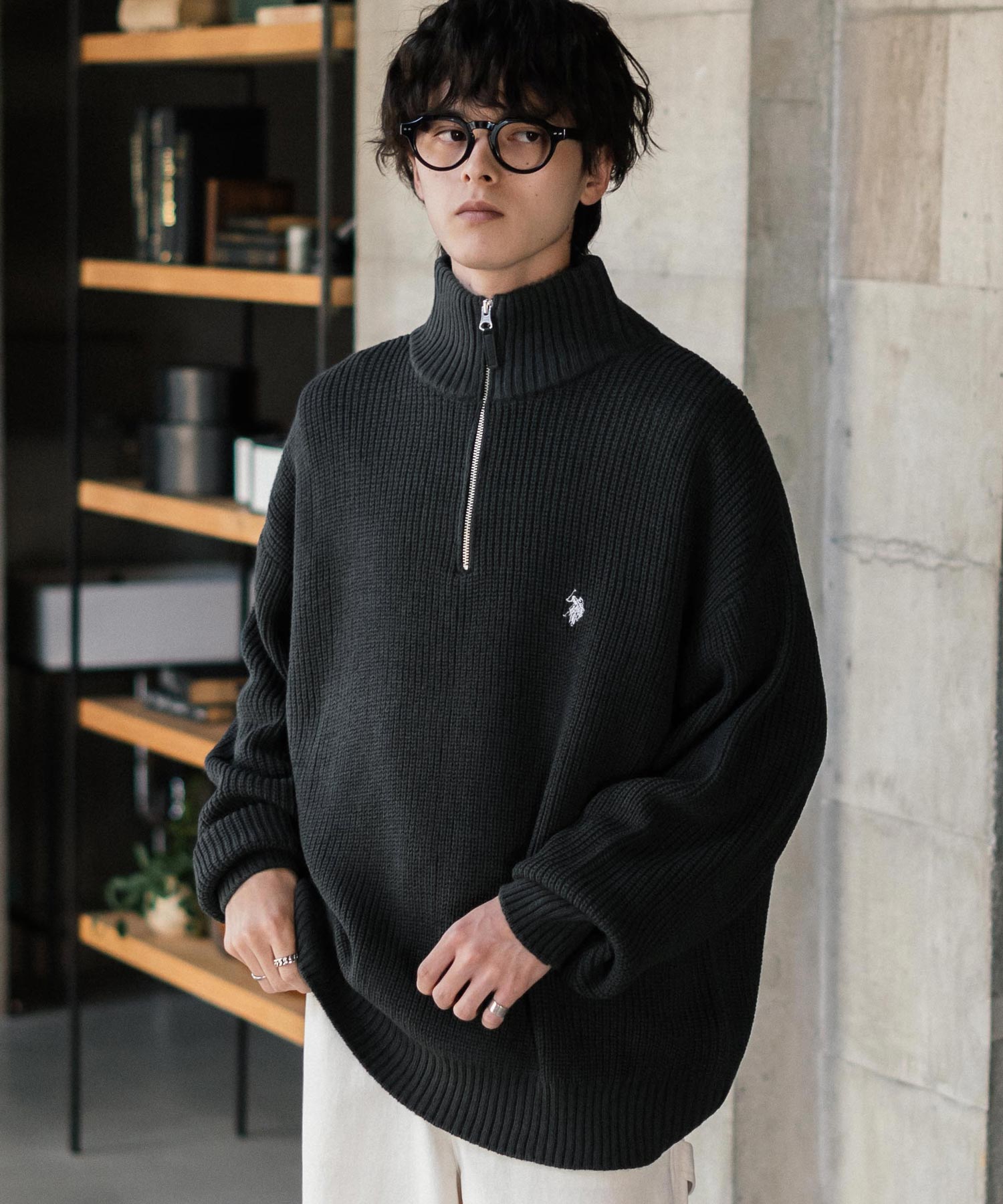 ロッキーモンロー Rocky Monroe U.S. POLO ASSN. ニット セーター 無地 メンズ レディース 長袖 畦編み オーバーサイズ ワンポイント ロゴ刺繍 ハーフジップ 別注 14769 （チャコール） チャコール