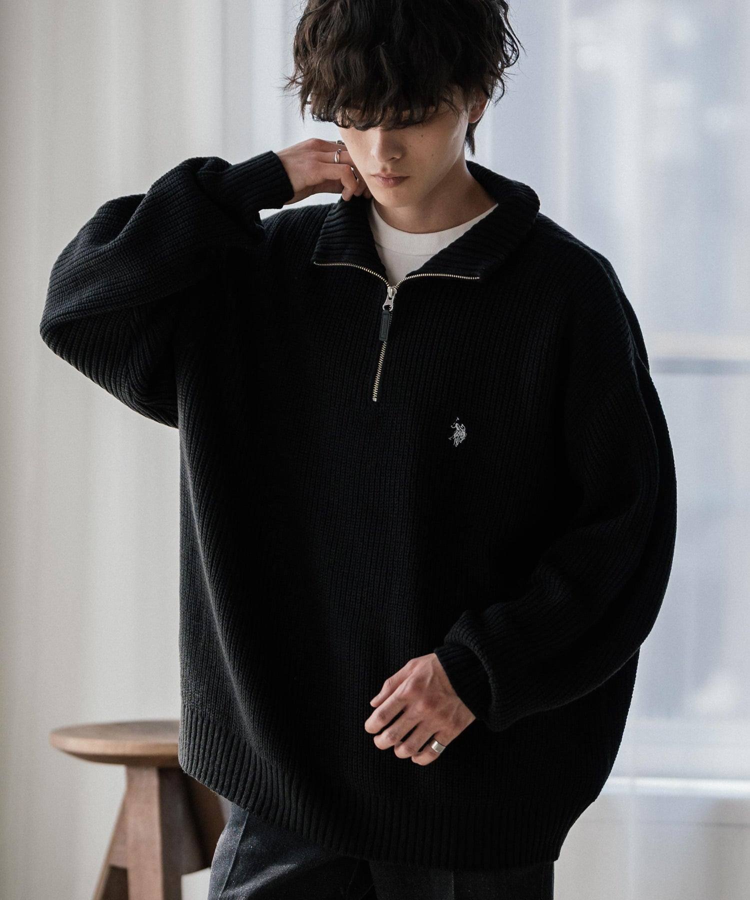 ロッキーモンロー Rocky Monroe U.S. POLO ASSN. ニット セーター 無地 メンズ レディース 長袖 畦編み オーバーサイズ ワンポイント ロゴ刺繍 ハーフジップ 別注 14769 （チャコール） チャコール