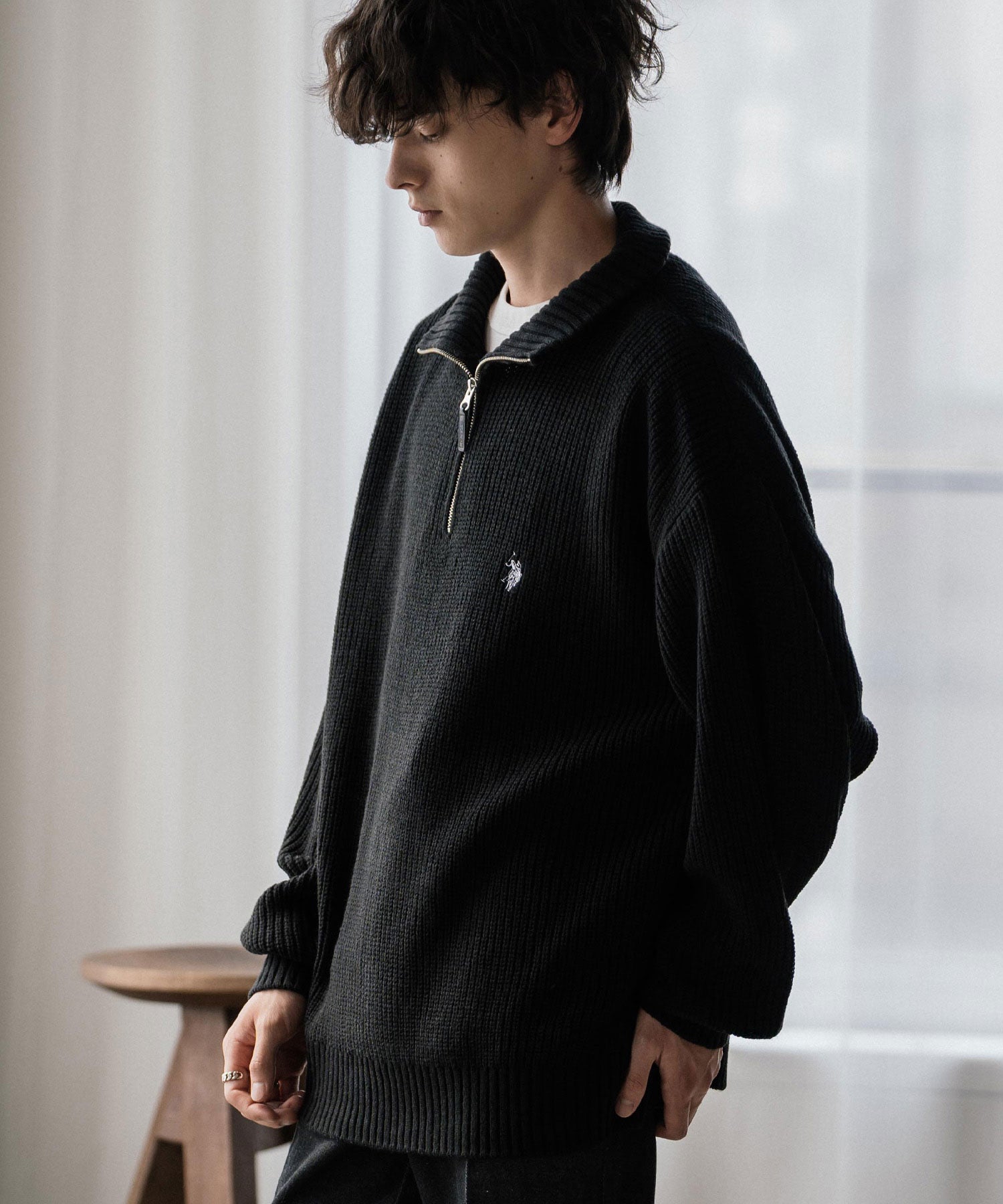 ロッキーモンロー Rocky Monroe U.S. POLO ASSN. ニット セーター 無地 メンズ レディース 長袖 畦編み オーバーサイズ ワンポイント ロゴ刺繍 ハーフジップ 別注 14769 （チャコール） チャコール