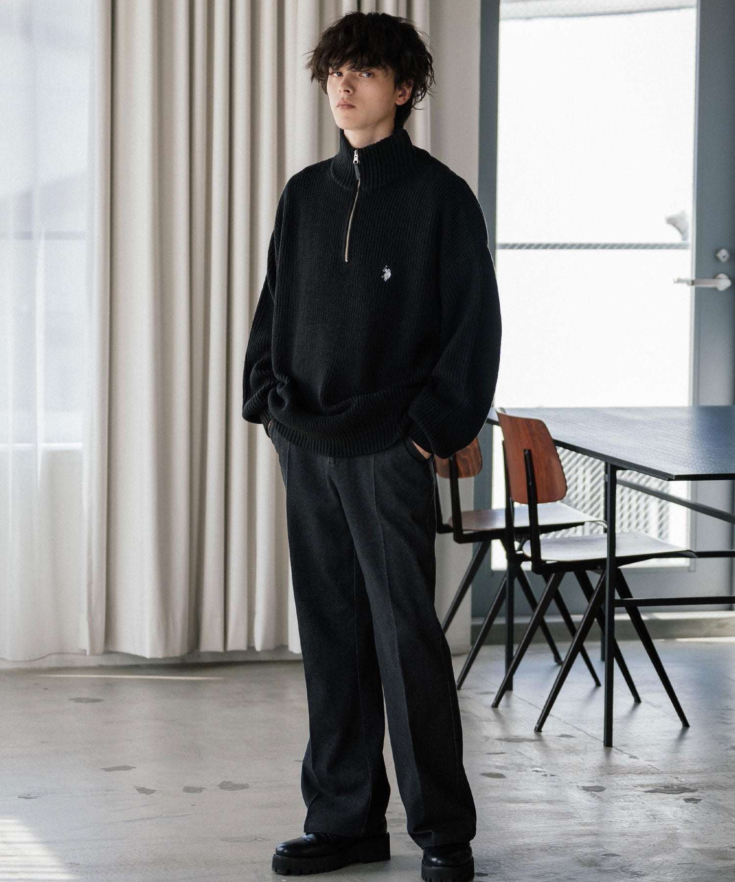 ロッキーモンロー Rocky Monroe U.S. POLO ASSN. ニット セーター 無地 メンズ レディース 長袖 畦編み オーバーサイズ ワンポイント ロゴ刺繍 ハーフジップ 別注 14769 （チャコール） チャコール