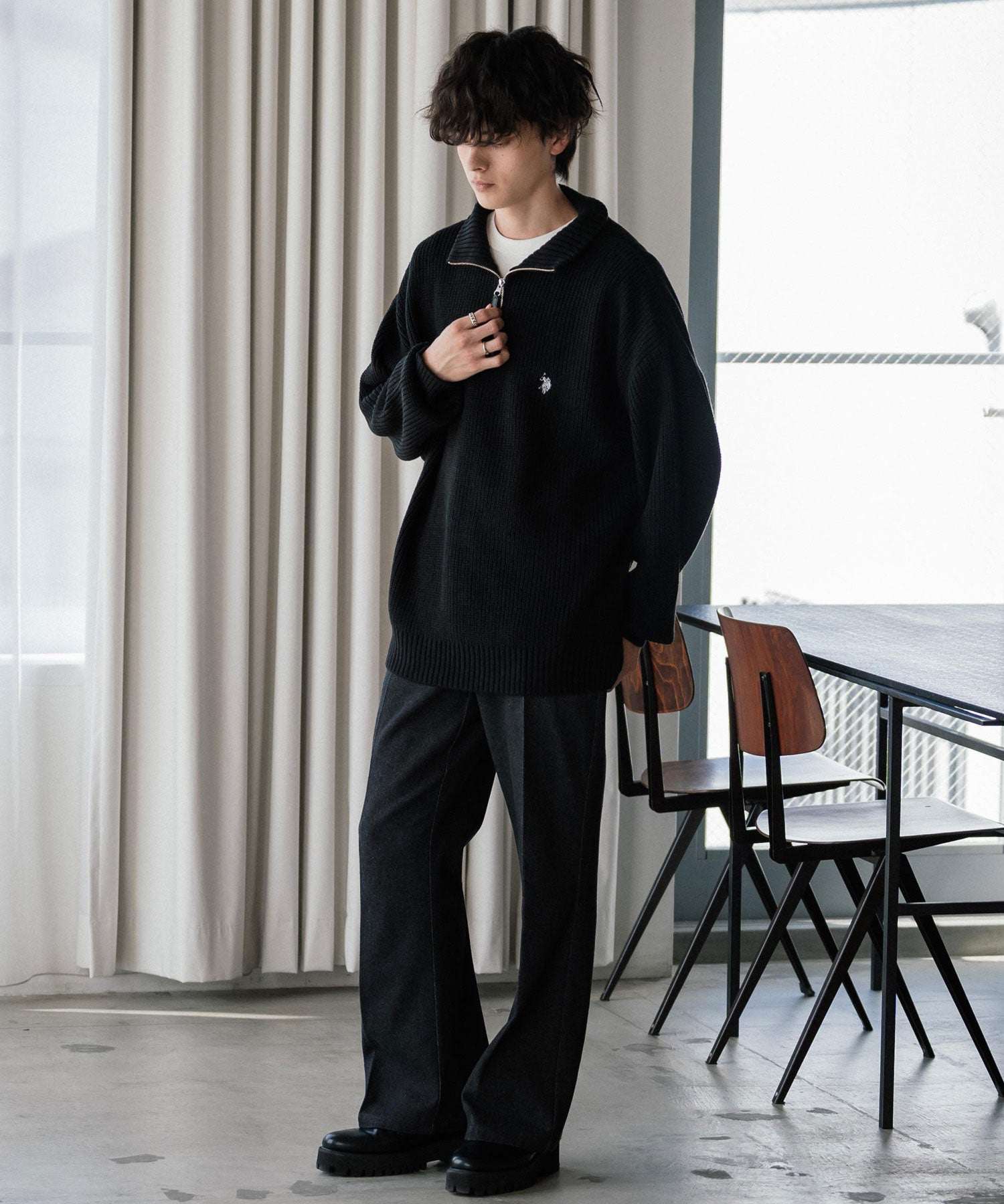 ロッキーモンロー Rocky Monroe U.S. POLO ASSN. ニット セーター 無地 メンズ レディース 長袖 畦編み オーバーサイズ ワンポイント ロゴ刺繍 ハーフジップ 別注 14769 （チャコール） チャコール