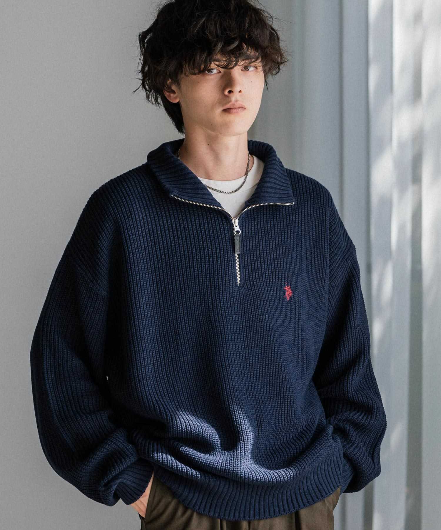 ロッキーモンロー Rocky Monroe U.S. POLO ASSN. ニット セーター 無地 メンズ レディース 長袖 畦編み オーバーサイズ ワンポイント ロゴ刺繍 ハーフジップ 別注 14769 （チャコール） チャコール