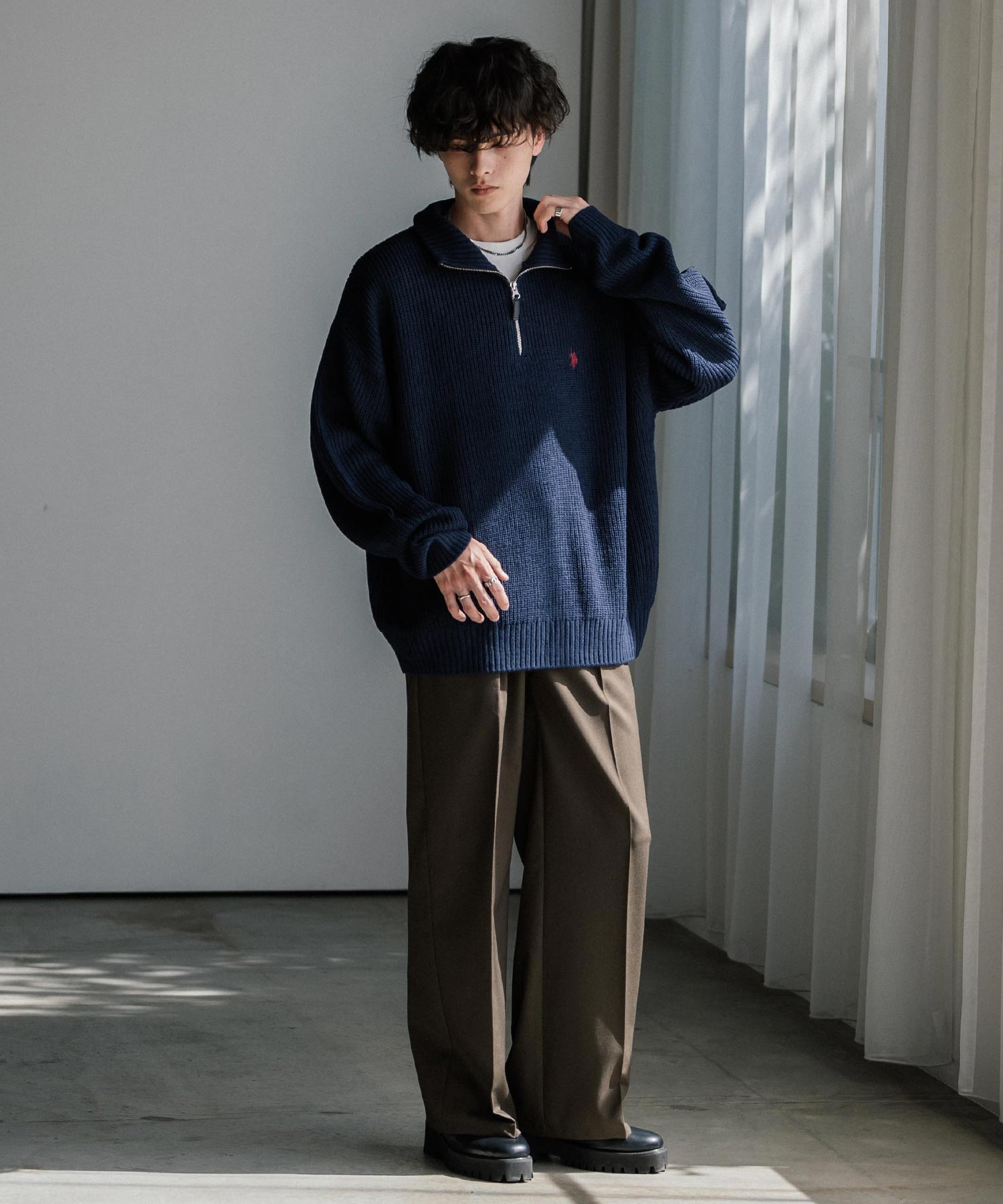 ロッキーモンロー Rocky Monroe U.S. POLO ASSN. ニット セーター 無地 メンズ レディース 長袖 畦編み オーバーサイズ ワンポイント ロゴ刺繍 ハーフジップ 別注 14769 （チャコール） チャコール