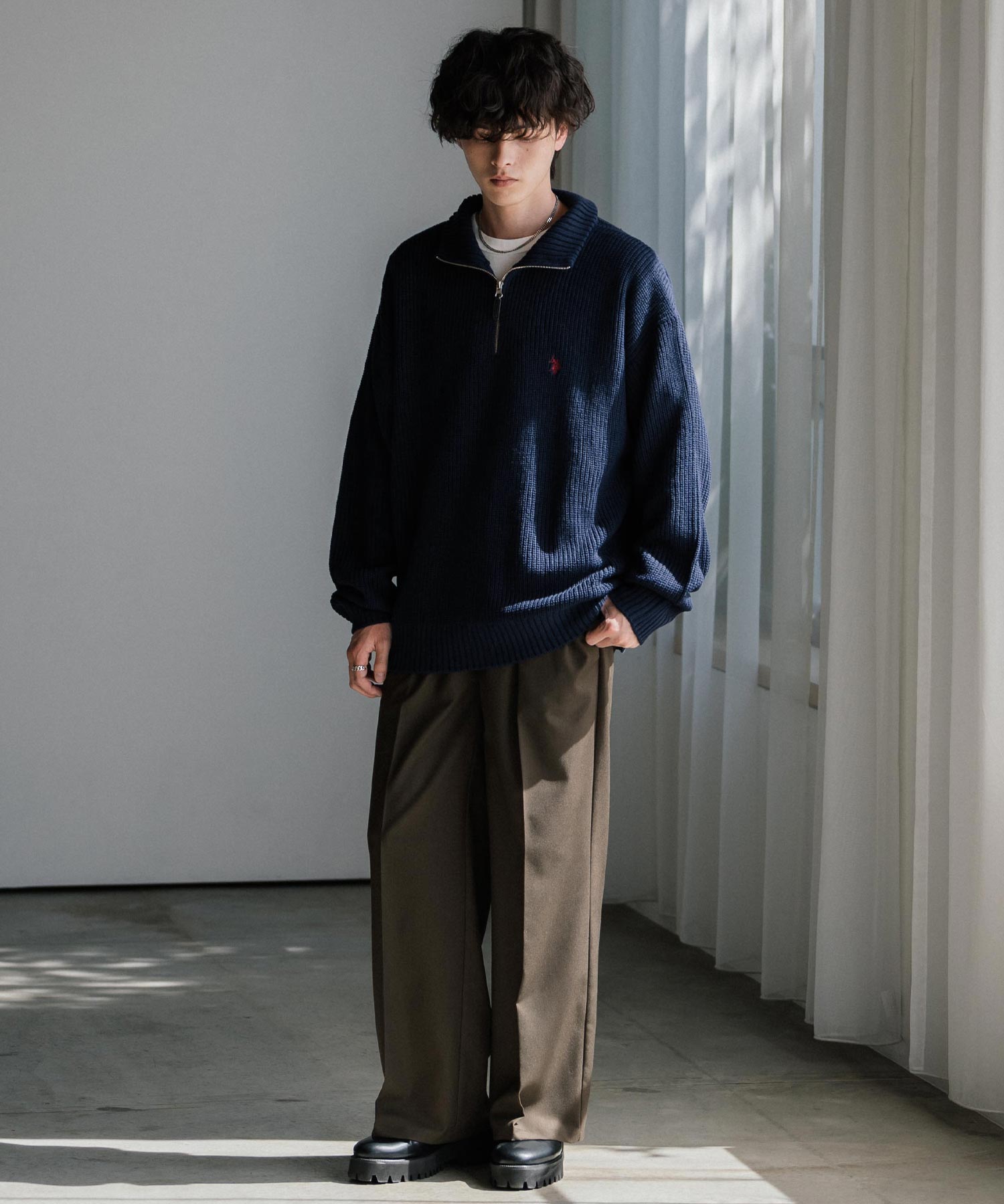 ロッキーモンロー Rocky Monroe U.S. POLO ASSN. ニット セーター 無地 メンズ レディース 長袖 畦編み オーバーサイズ ワンポイント ロゴ刺繍 ハーフジップ 別注 14769 （チャコール） チャコール