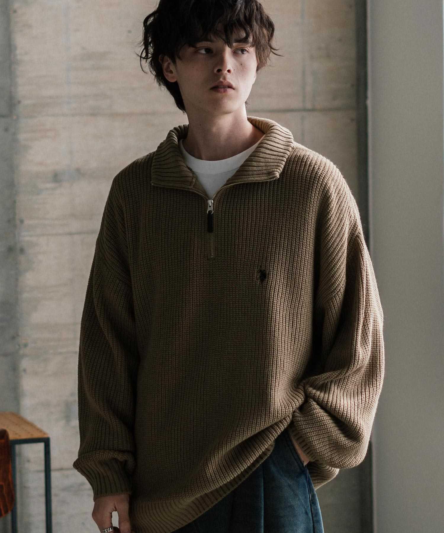 ロッキーモンロー Rocky Monroe U.S. POLO ASSN. ニット セーター 無地 メンズ レディース 長袖 畦編み オーバーサイズ ワンポイント ロゴ刺繍 ハーフジップ 別注 14769 （チャコール） チャコール