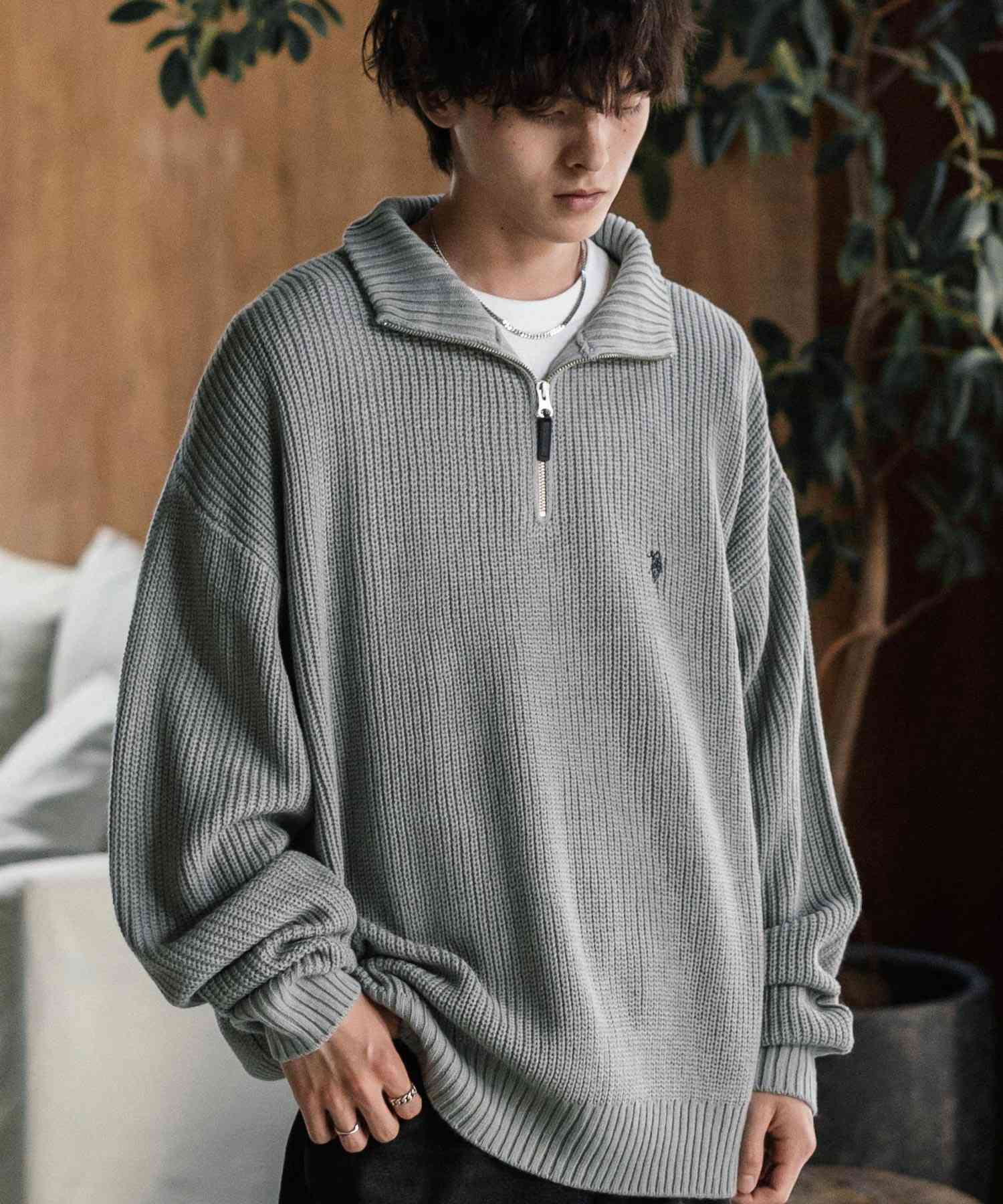 ロッキーモンロー Rocky Monroe U.S. POLO ASSN. ニット セーター 無地 メンズ レディース 長袖 畦編み オーバーサイズ ワンポイント ロゴ刺繍 ハーフジップ 別注 14769 （チャコール） チャコール