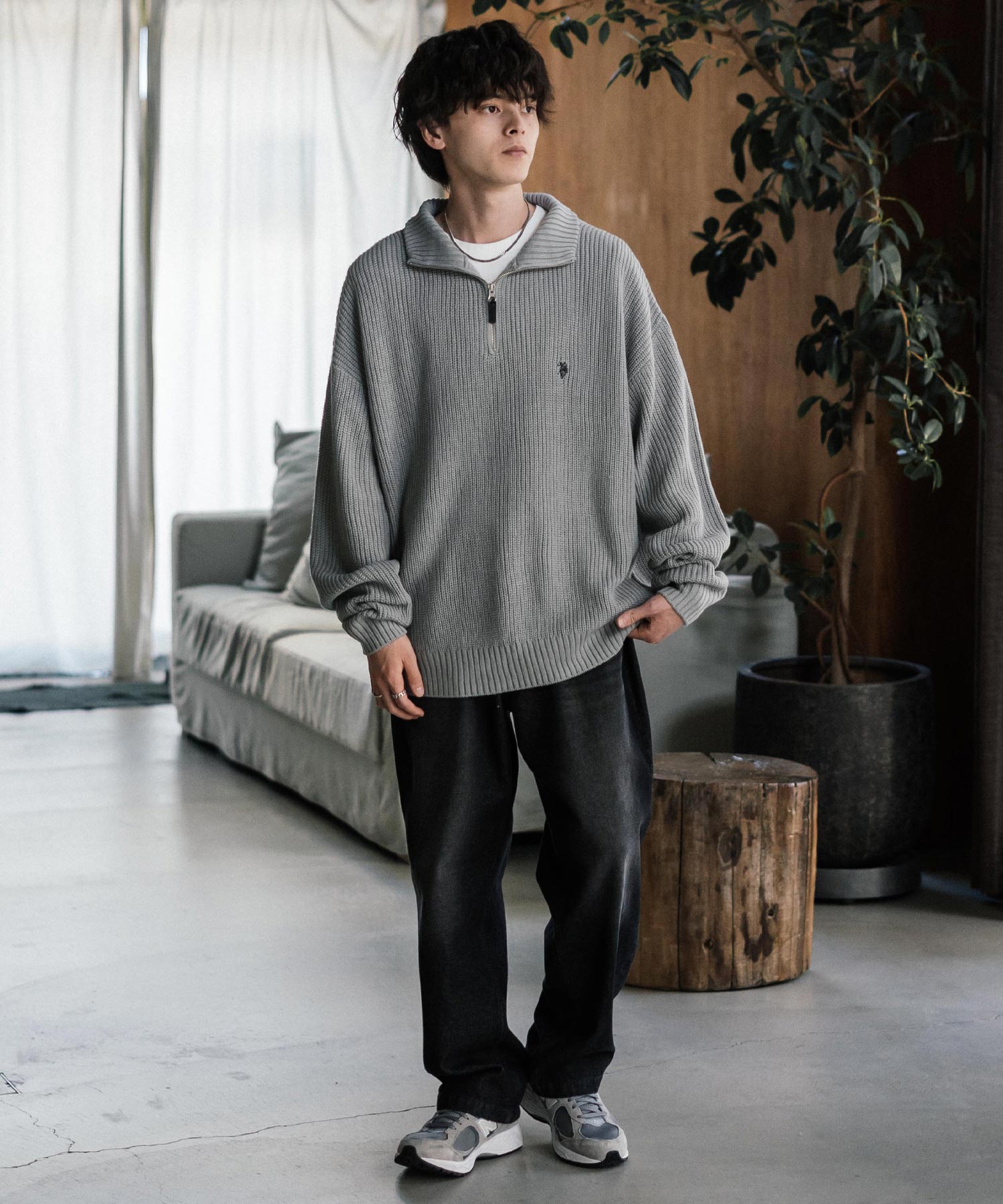 ロッキーモンロー Rocky Monroe U.S. POLO ASSN. ニット セーター 無地 メンズ レディース 長袖 畦編み オーバーサイズ ワンポイント ロゴ刺繍 ハーフジップ 別注 14769 （チャコール） チャコール