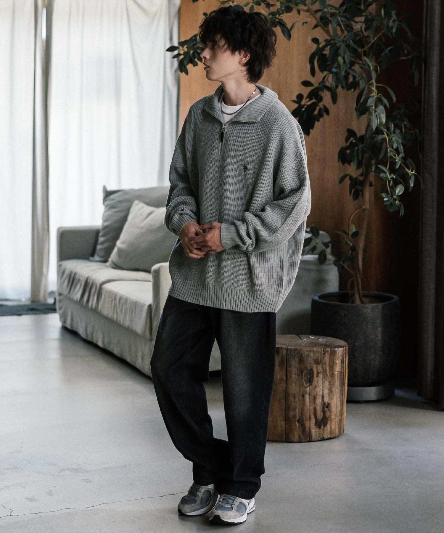 ロッキーモンロー Rocky Monroe U.S. POLO ASSN. ニット セーター 無地 メンズ レディース 長袖 畦編み オーバーサイズ ワンポイント ロゴ刺繍 ハーフジップ 別注 14769 （チャコール） チャコール