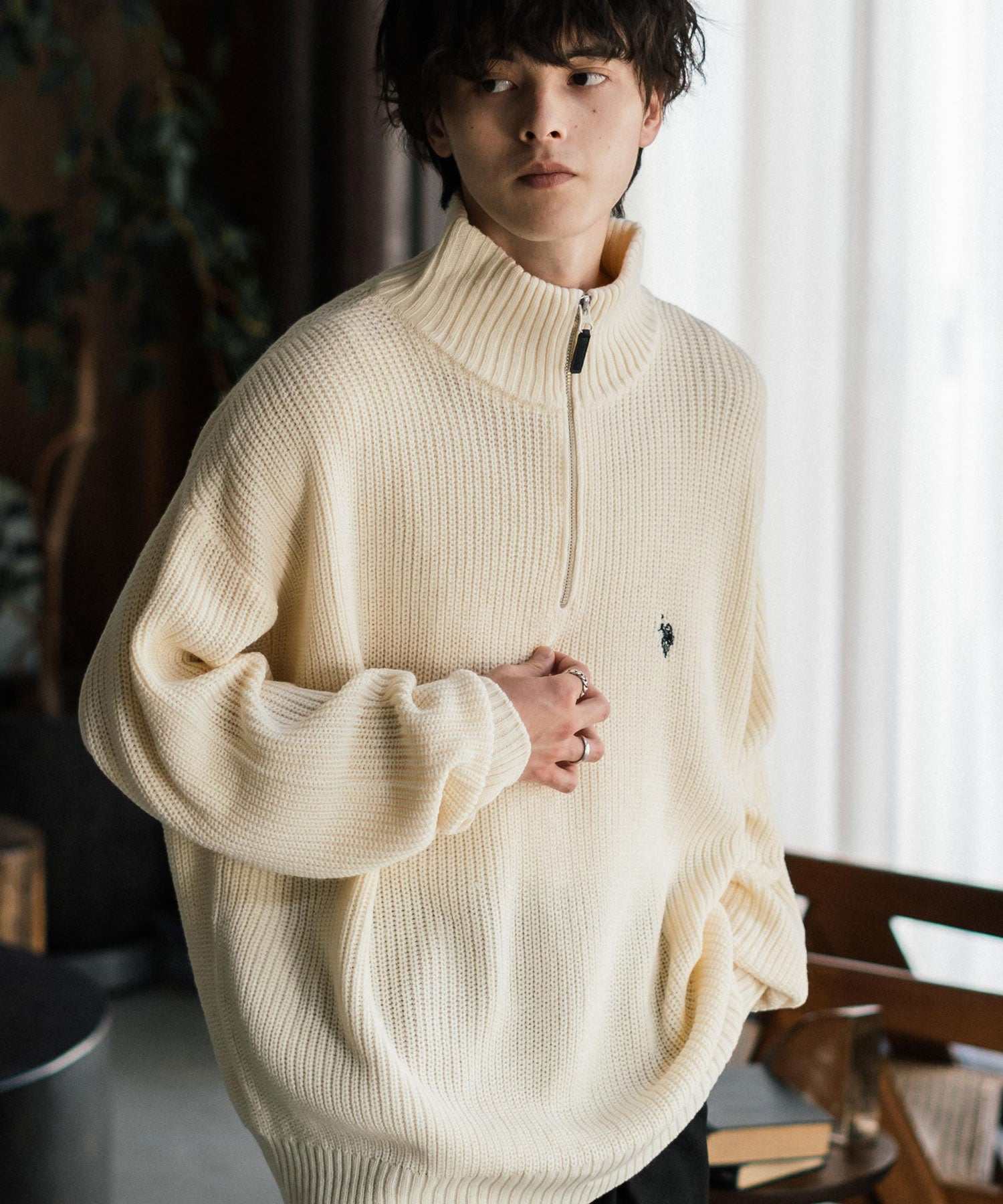 ロッキーモンロー Rocky Monroe U.S. POLO ASSN. ニット セーター 無地 メンズ レディース 長袖 畦編み オーバーサイズ ワンポイント ロゴ刺繍 ハーフジップ 別注 14769 （チャコール） チャコール