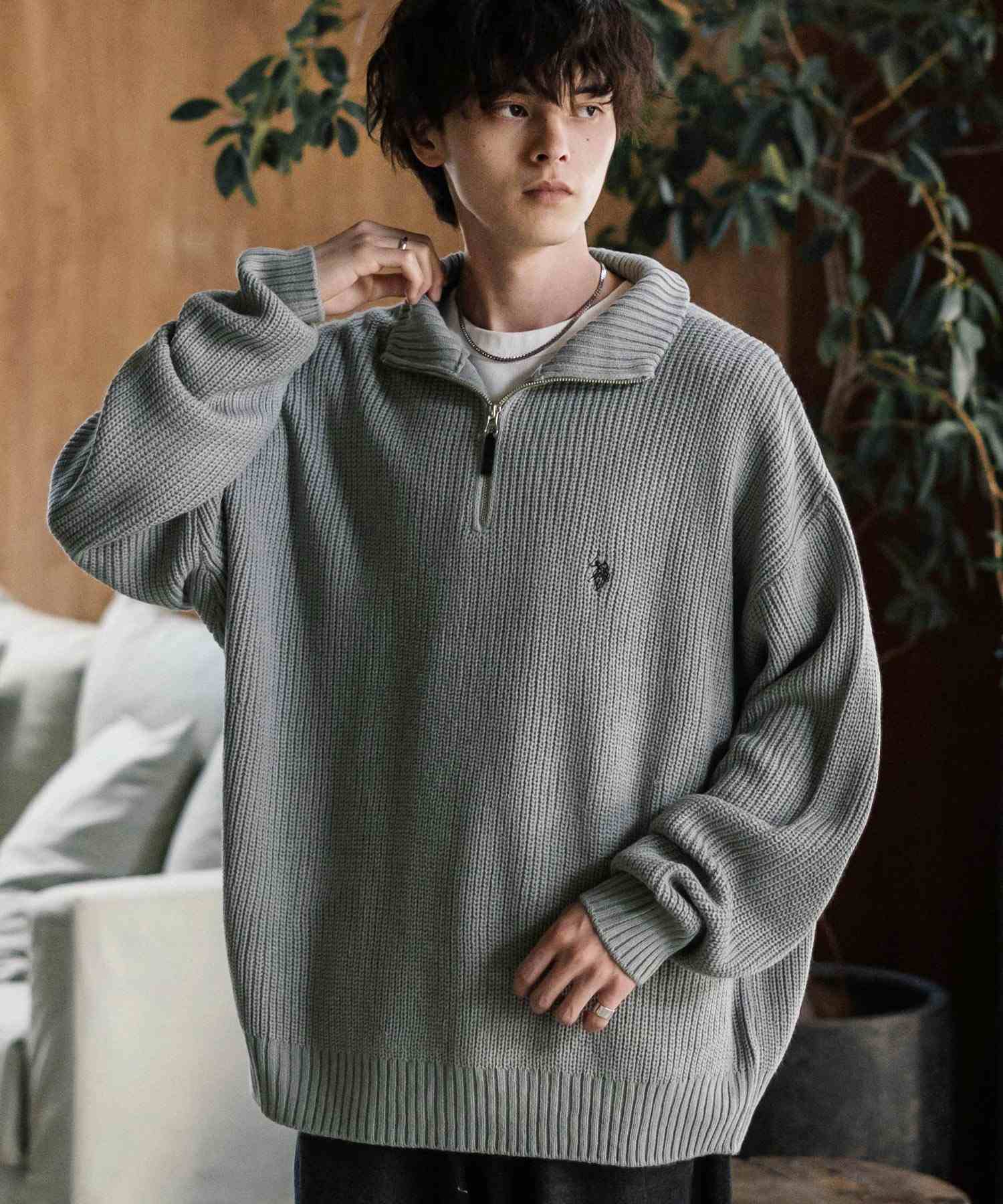 ロッキーモンロー Rocky Monroe U.S. POLO ASSN. ニット セーター 無地 メンズ レディース 長袖 畦編み オーバーサイズ ワンポイント ロゴ刺繍 ハーフジップ 別注 14769 （グレー） グレー