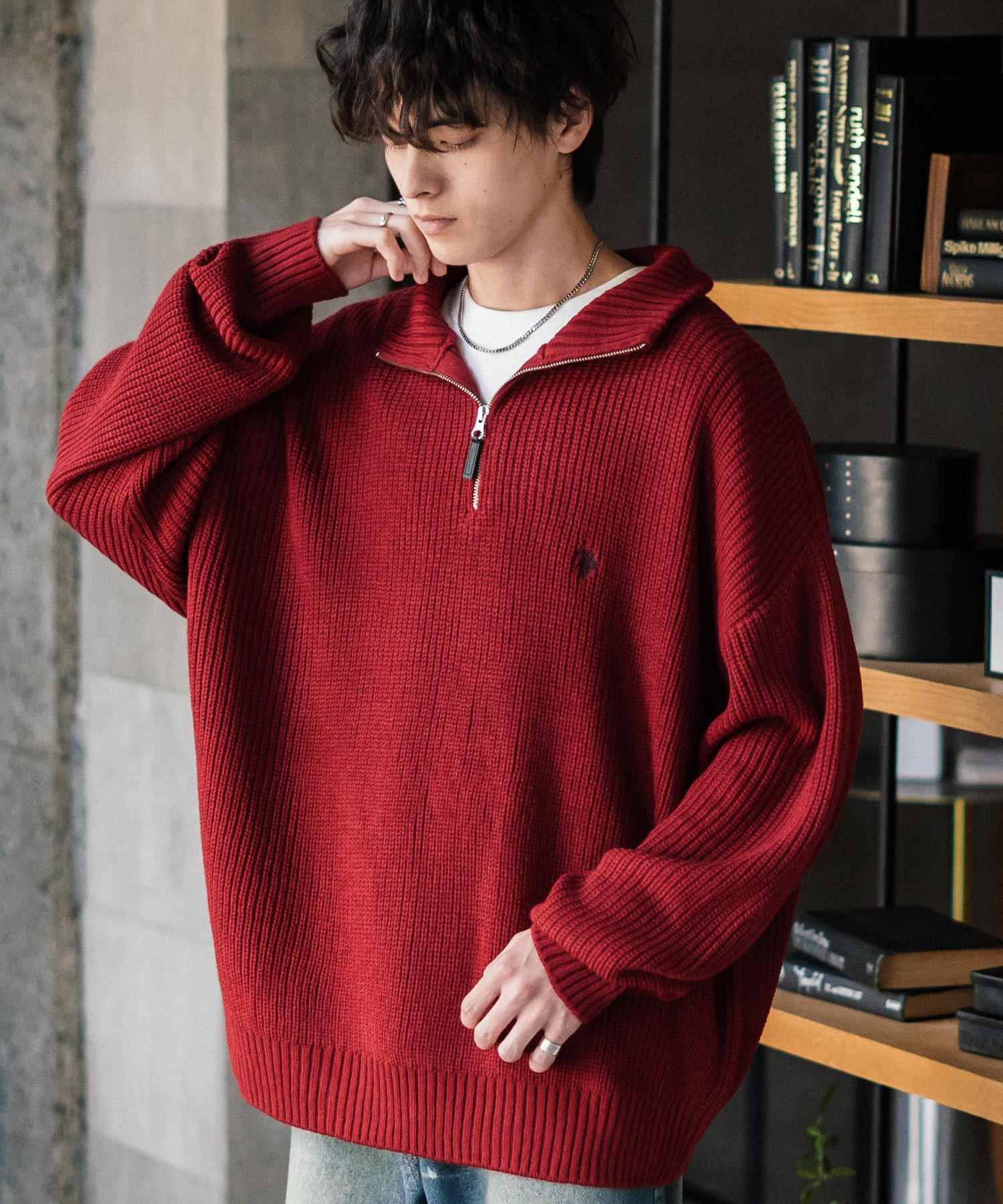 ロッキーモンロー Rocky Monroe U.S. POLO ASSN. ニット セーター 無地 メンズ レディース 長袖 畦編み オーバーサイズ ワンポイント ロゴ刺繍 ハーフジップ 別注 14769 （レッド） レッド