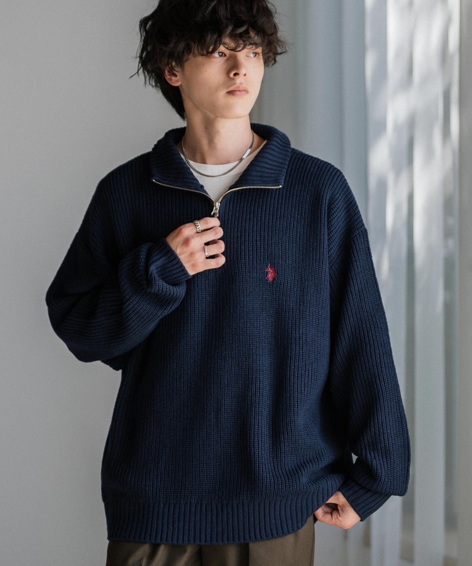 ロッキーモンロー Rocky Monroe U.S. POLO ASSN. ニット セーター 無地 メンズ レディース 長袖 畦編み オーバーサイズ ワンポイント ロゴ刺繍 ハーフジップ 別注 14769 （ネイビー） ネイビー