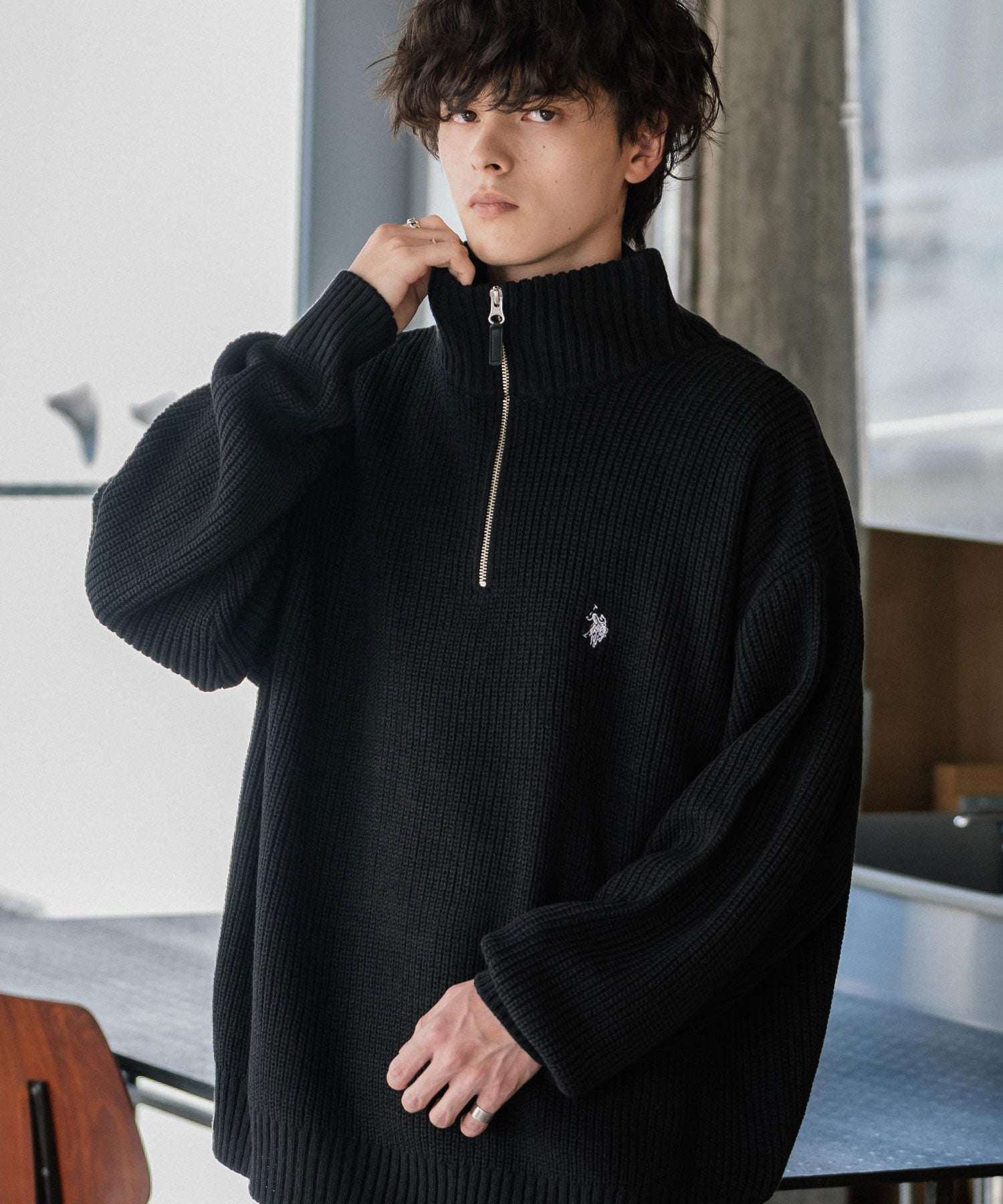 ロッキーモンロー Rocky Monroe U.S. POLO ASSN. ニット セーター 無地 メンズ レディース 長袖 畦編み オーバーサイズ ワンポイント ロゴ刺繍 ハーフジップ 別注 14769 （ブラック） ブラック