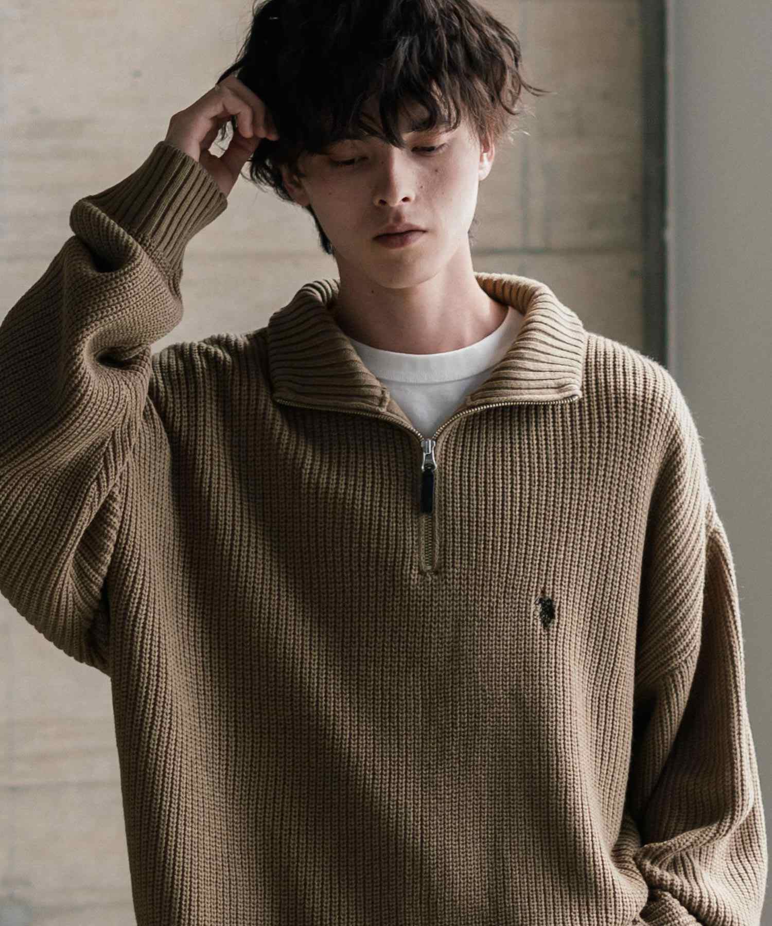 ロッキーモンロー Rocky Monroe U.S. POLO ASSN. ニット セーター 無地 メンズ レディース 長袖 畦編み オーバーサイズ ワンポイント ロゴ刺繍 ハーフジップ 別注 14769 （ベージュ） ベージュ