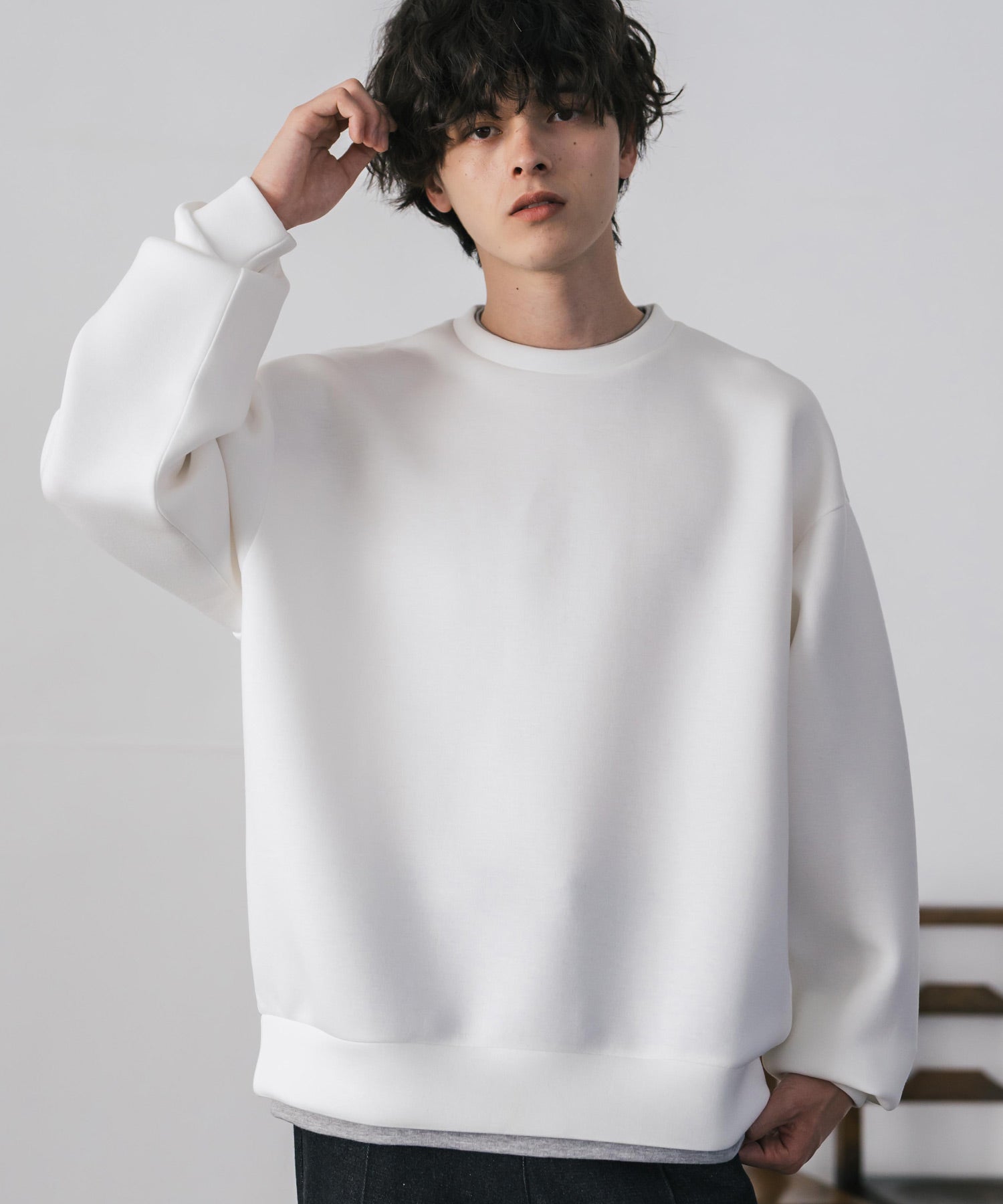 ロッキーモンロー Rocky Monroe ダンボールニット トレーナー プルオーバー 無地 メンズ レディース フェイクレイヤード クルーネック ペールトーン オーバーサイズ ルーズ 14657 （ホワイト） ホワイト