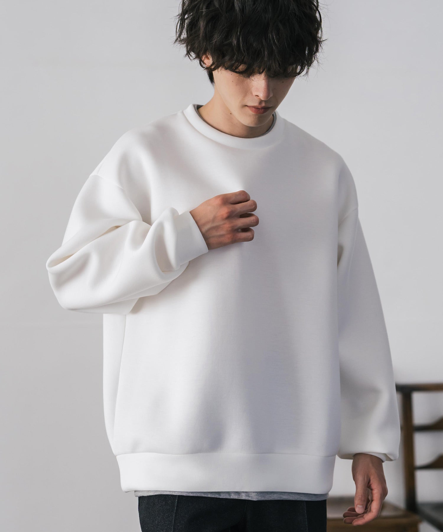 ロッキーモンロー Rocky Monroe ダンボールニット トレーナー プルオーバー 無地 メンズ レディース フェイクレイヤード クルーネック ペールトーン オーバーサイズ ルーズ 14657 （ホワイト） ホワイト