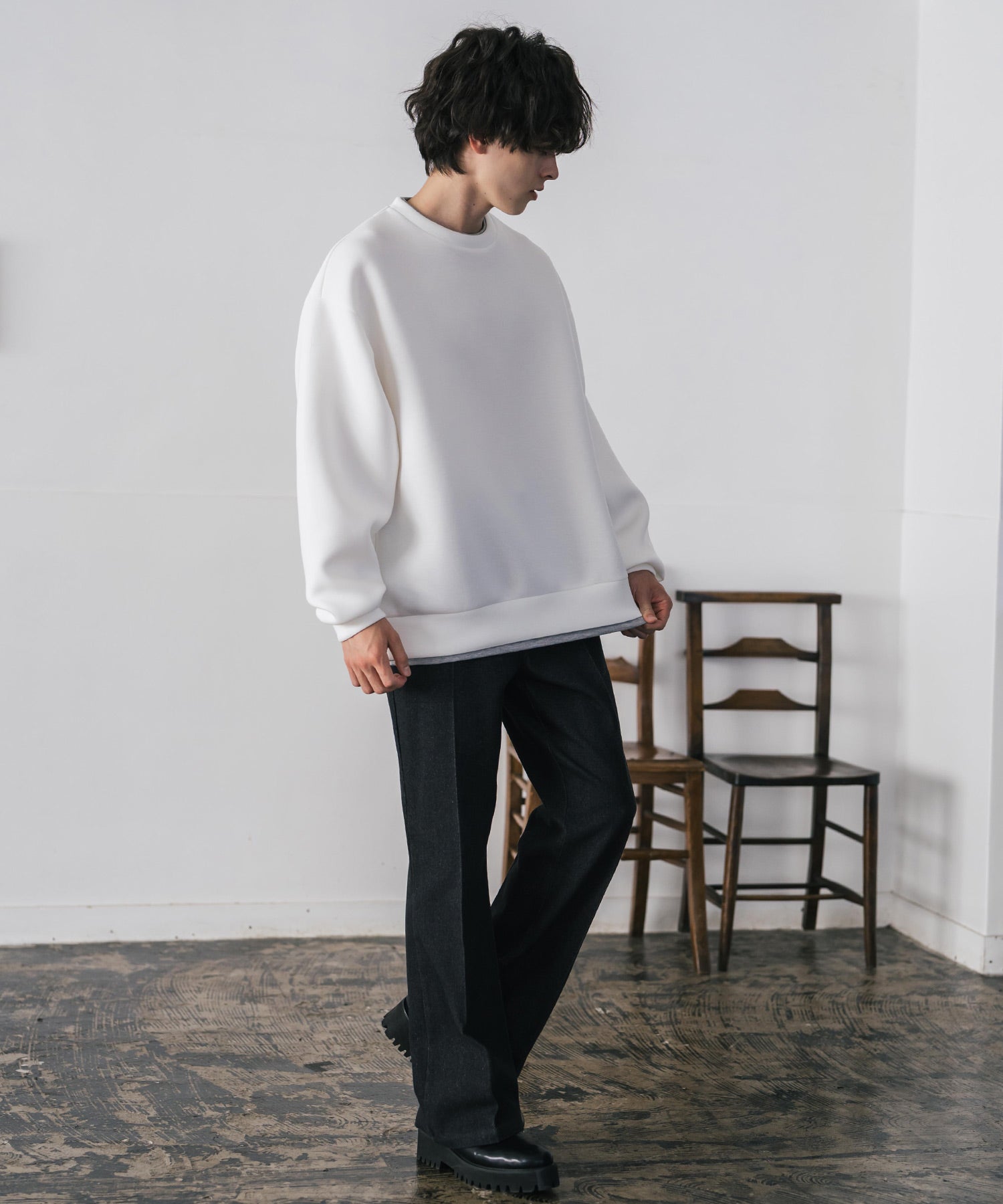 ロッキーモンロー Rocky Monroe ダンボールニット トレーナー プルオーバー 無地 メンズ レディース フェイクレイヤード クルーネック ペールトーン オーバーサイズ ルーズ 14657 （ホワイト） ホワイト