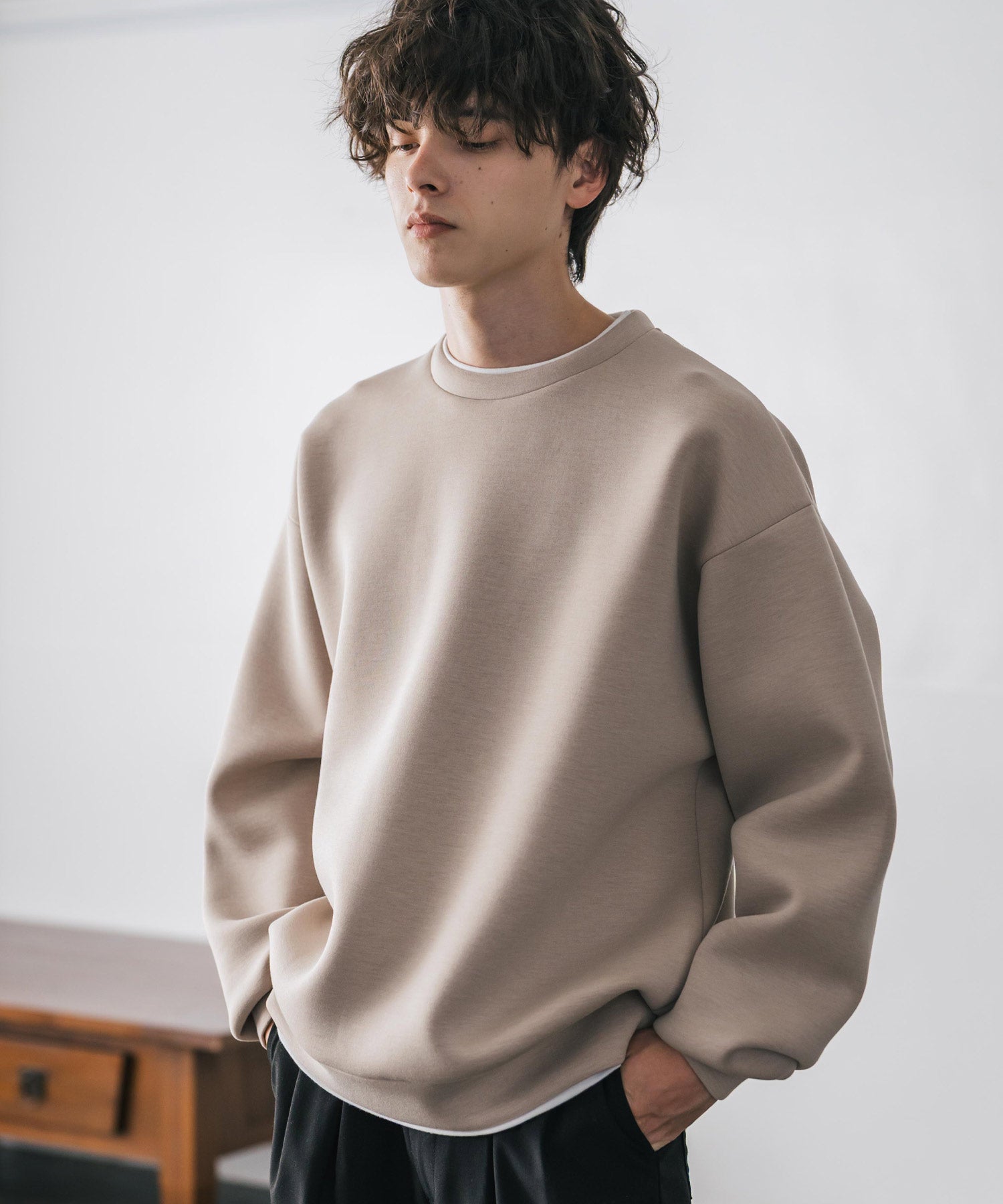 ロッキーモンロー Rocky Monroe ダンボールニット トレーナー プルオーバー 無地 メンズ レディース フェイクレイヤード クルーネック ペールトーン オーバーサイズ ルーズ 14657 （ホワイト） ホワイト