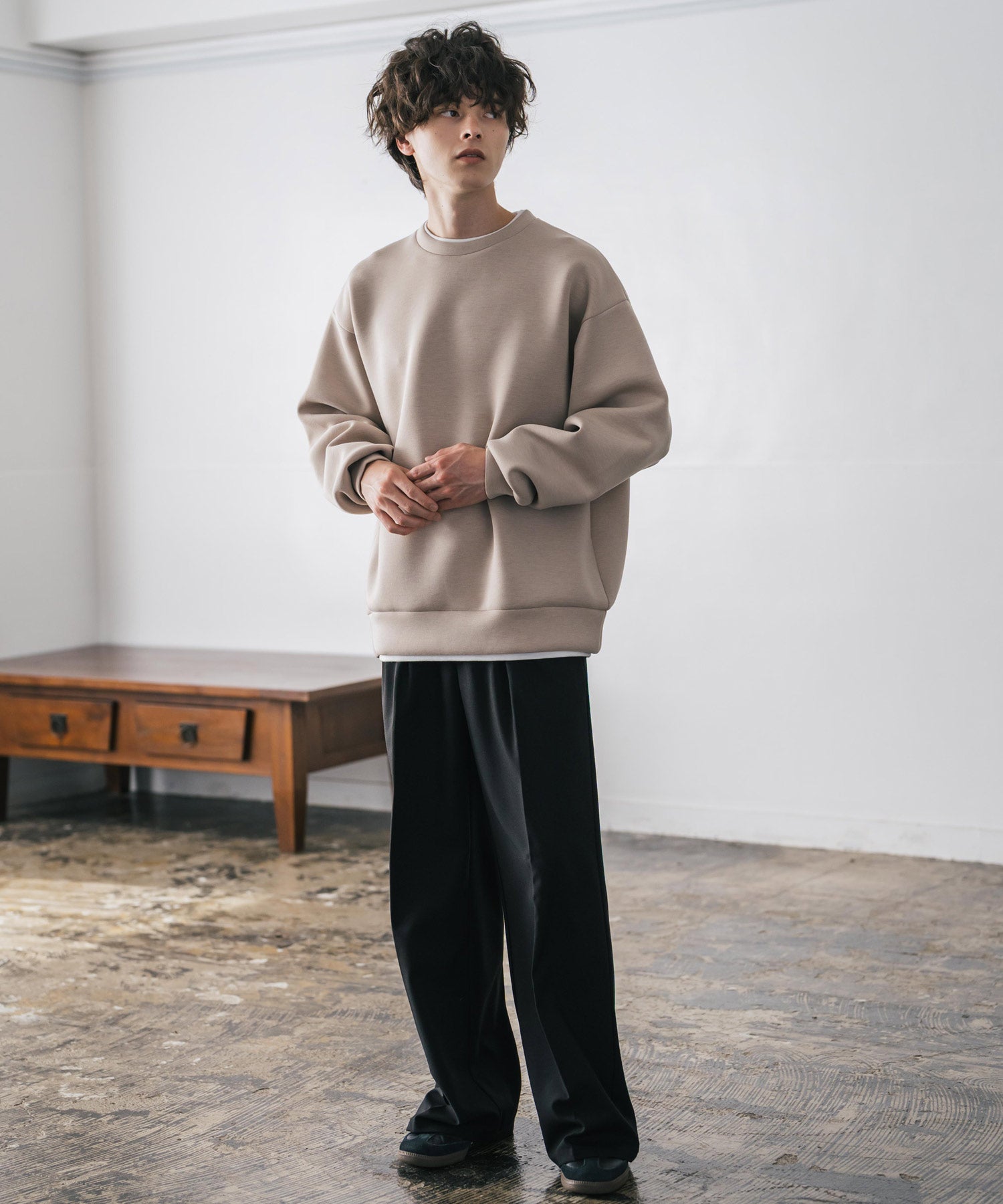 ロッキーモンロー Rocky Monroe ダンボールニット トレーナー プルオーバー 無地 メンズ レディース フェイクレイヤード クルーネック ペールトーン オーバーサイズ ルーズ 14657 （ホワイト） ホワイト