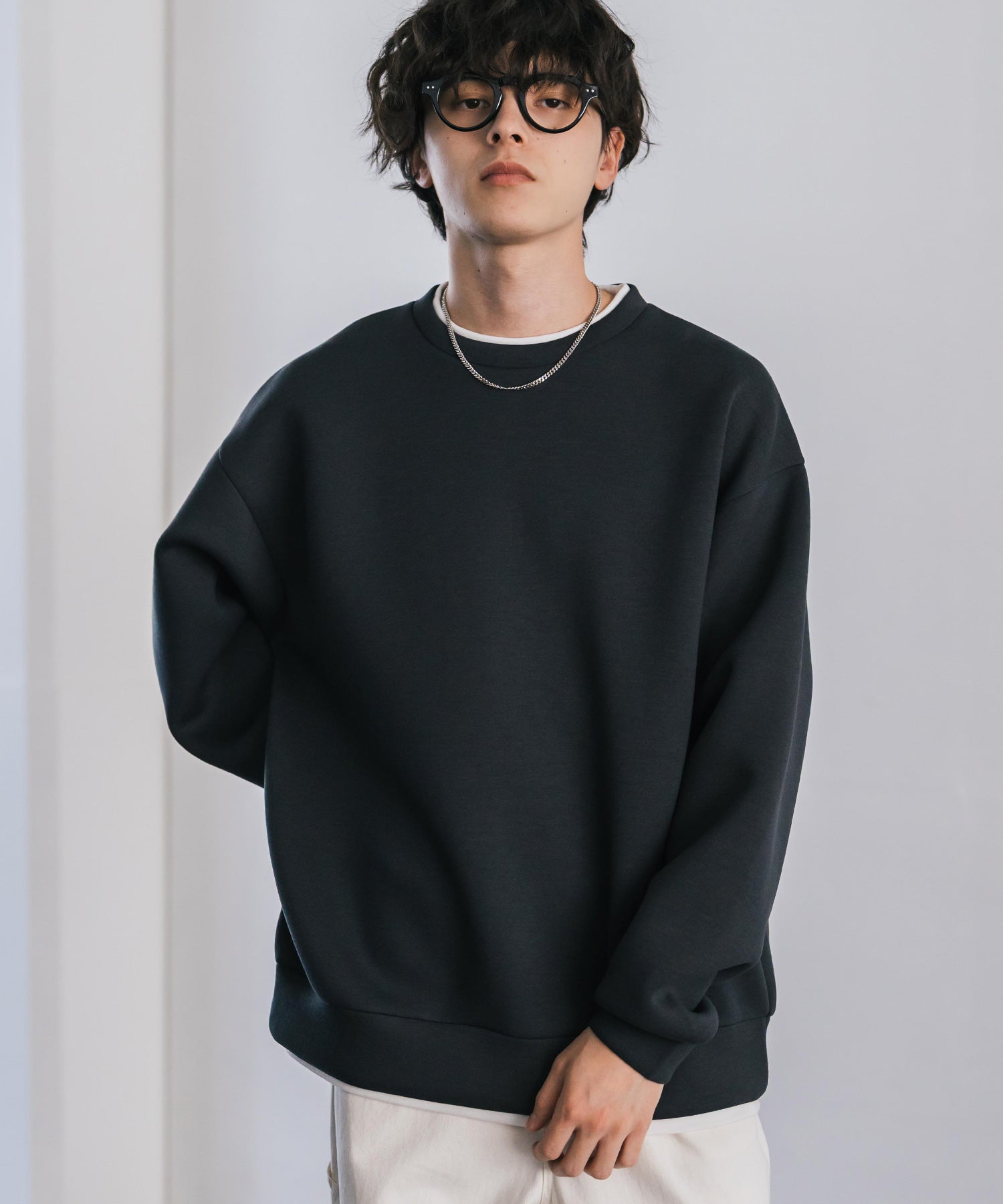 ロッキーモンロー Rocky Monroe ダンボールニット トレーナー プルオーバー 無地 メンズ レディース フェイクレイヤード クルーネック ペールトーン オーバーサイズ ルーズ 14657 （ホワイト） ホワイト