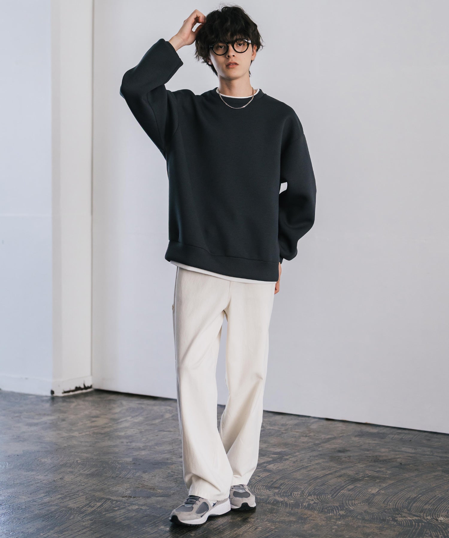 ロッキーモンロー Rocky Monroe ダンボールニット トレーナー プルオーバー 無地 メンズ レディース フェイクレイヤード クルーネック ペールトーン オーバーサイズ ルーズ 14657 （ホワイト） ホワイト