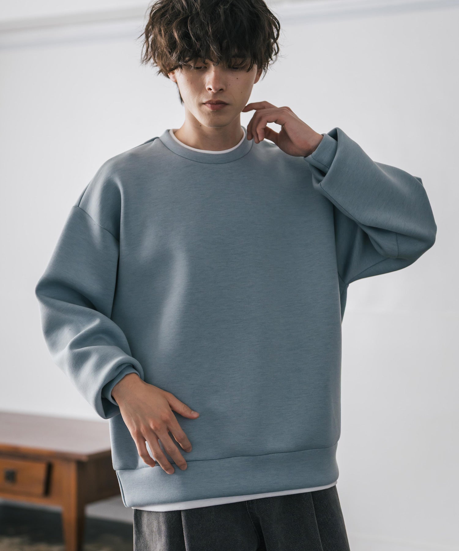 ロッキーモンロー Rocky Monroe ダンボールニット トレーナー プルオーバー 無地 メンズ レディース フェイクレイヤード クルーネック ペールトーン オーバーサイズ ルーズ 14657 （ホワイト） ホワイト